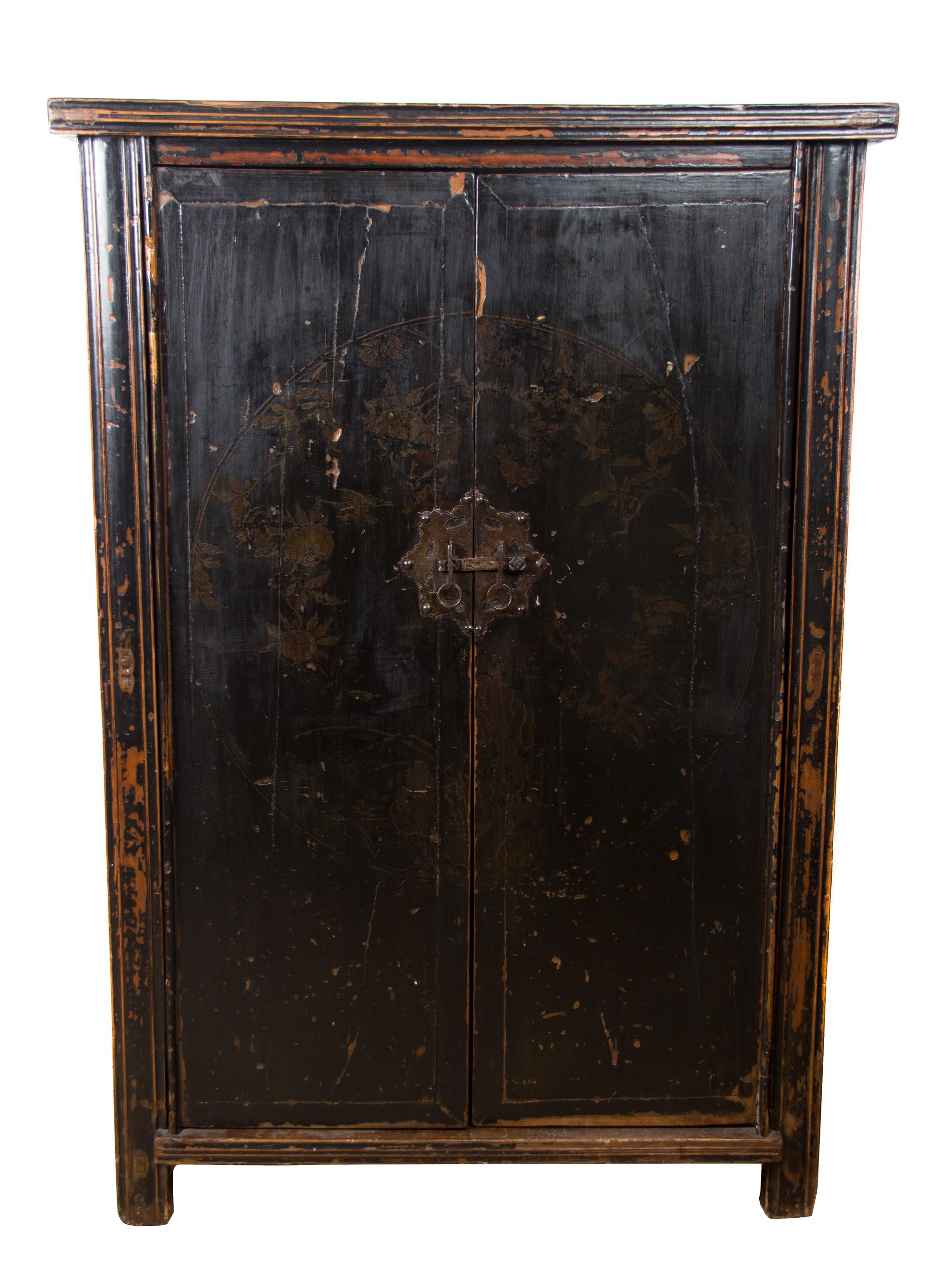 Chinese Black Lacquer Two-Door Cabinet Height 64 x width 44 x depth 22 3/4 inches. — LATE 19TH CENTURY