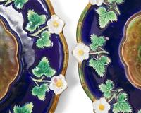 A Set of Six English "Strawberry Blossom" Majolica Plates with Cobalt Ground