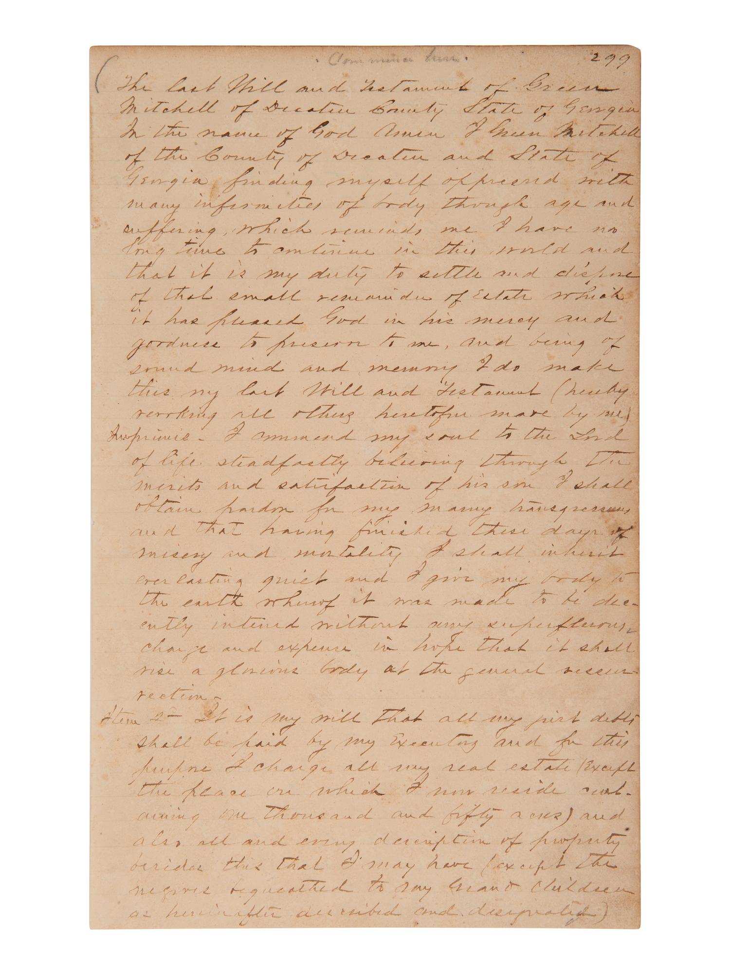 [ENSLAVEMENT]. 1853 will of Green Mitchell bequeathing 29 enslaved persons to family. Decatur, GA.
