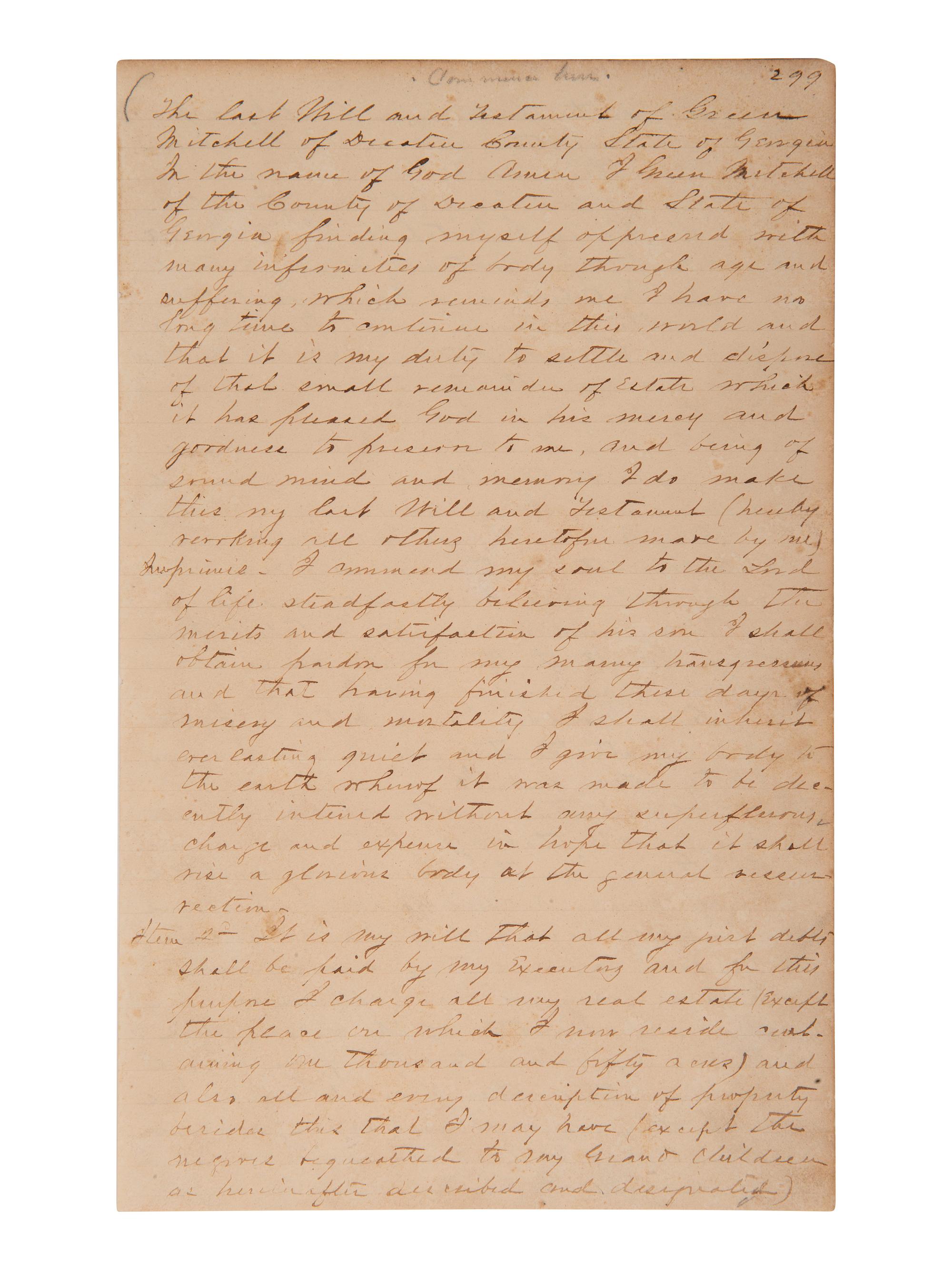 [ENSLAVEMENT]. 1853 will of Green Mitchell bequeathing 29 enslaved persons to family. Decatur, GA.