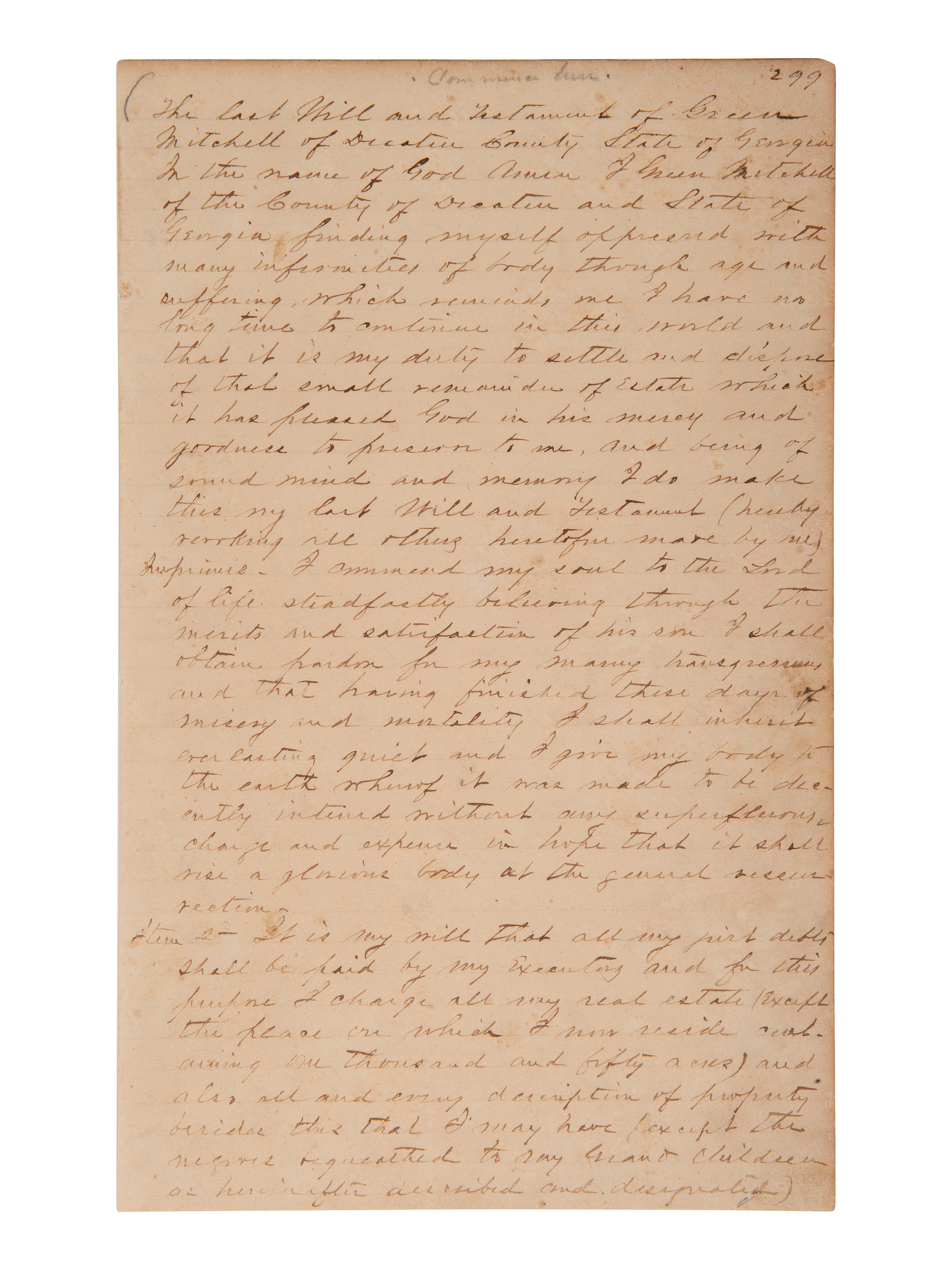 [ENSLAVEMENT]. 1853 will of Green Mitchell bequeathing 29 enslaved persons to family. Decatur, GA.