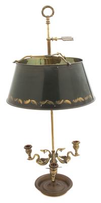 A French Brass Bouillotte Lamp with Tole Shade — 19TH CENTURY