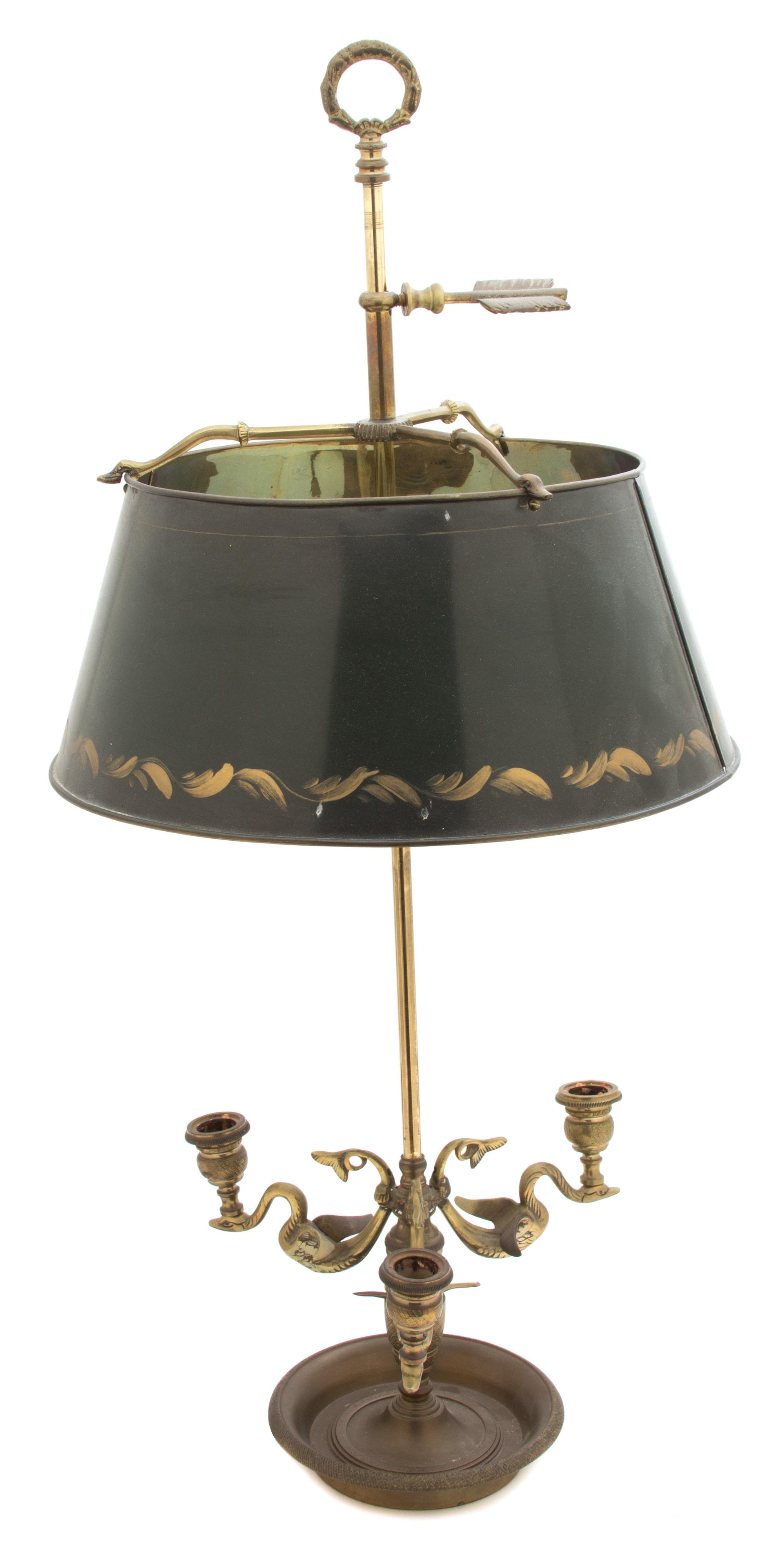 A French Brass Bouillotte Lamp with Tole Shade — 19TH CENTURY