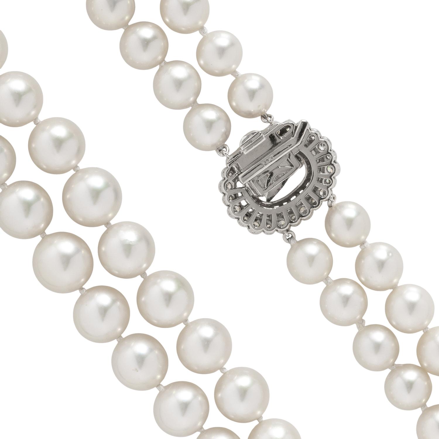 DOUBLE STRAND CULTURED PEARL, DIAMOND, AND CARVED EMERALD NECKLACE