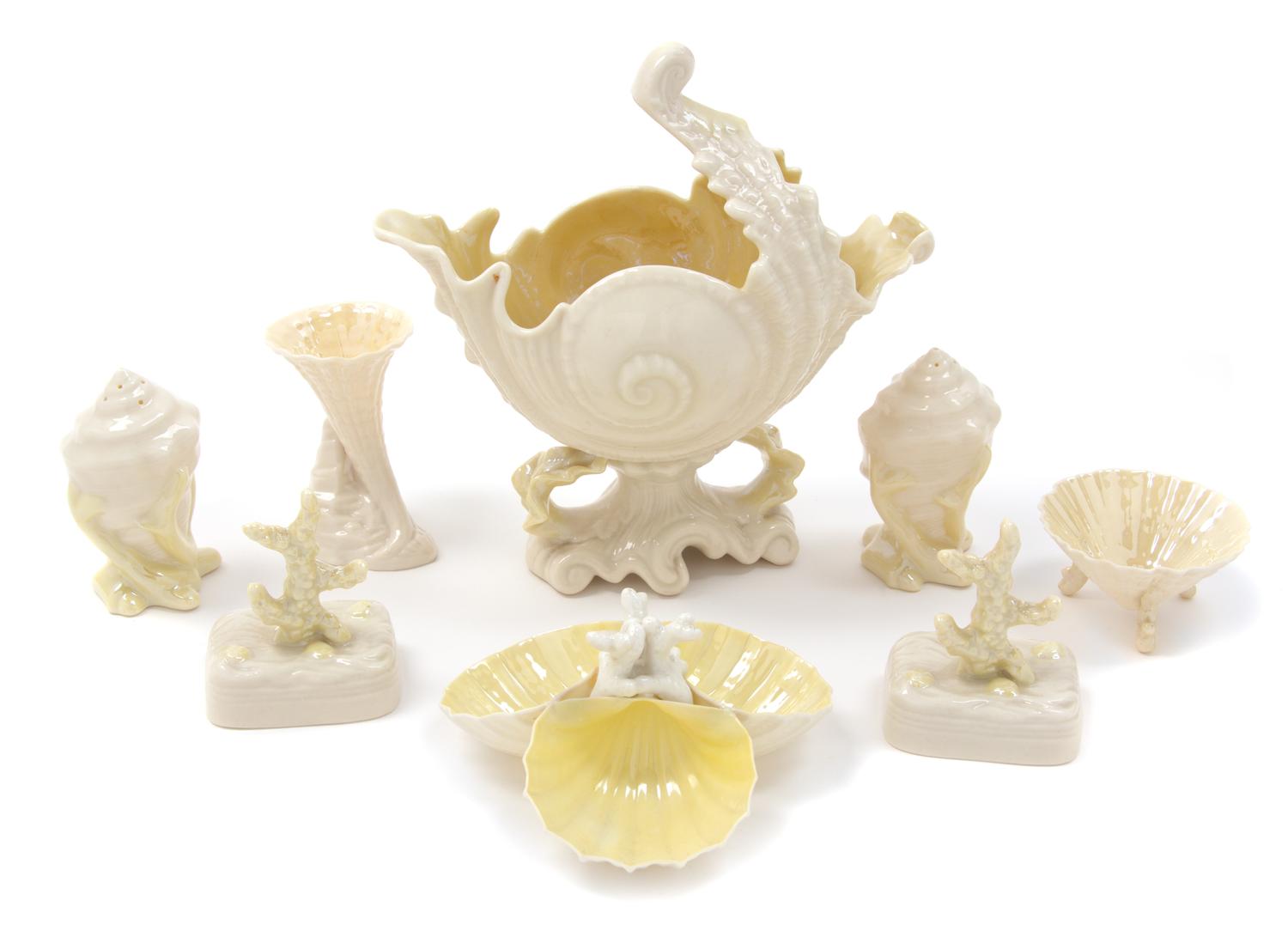 Eight Belleek Table Articles Height of tallest 8 1/8 inches. — SECOND BLACK MARK THROUGH SEVENTH GOLD MARK (1891-1993)