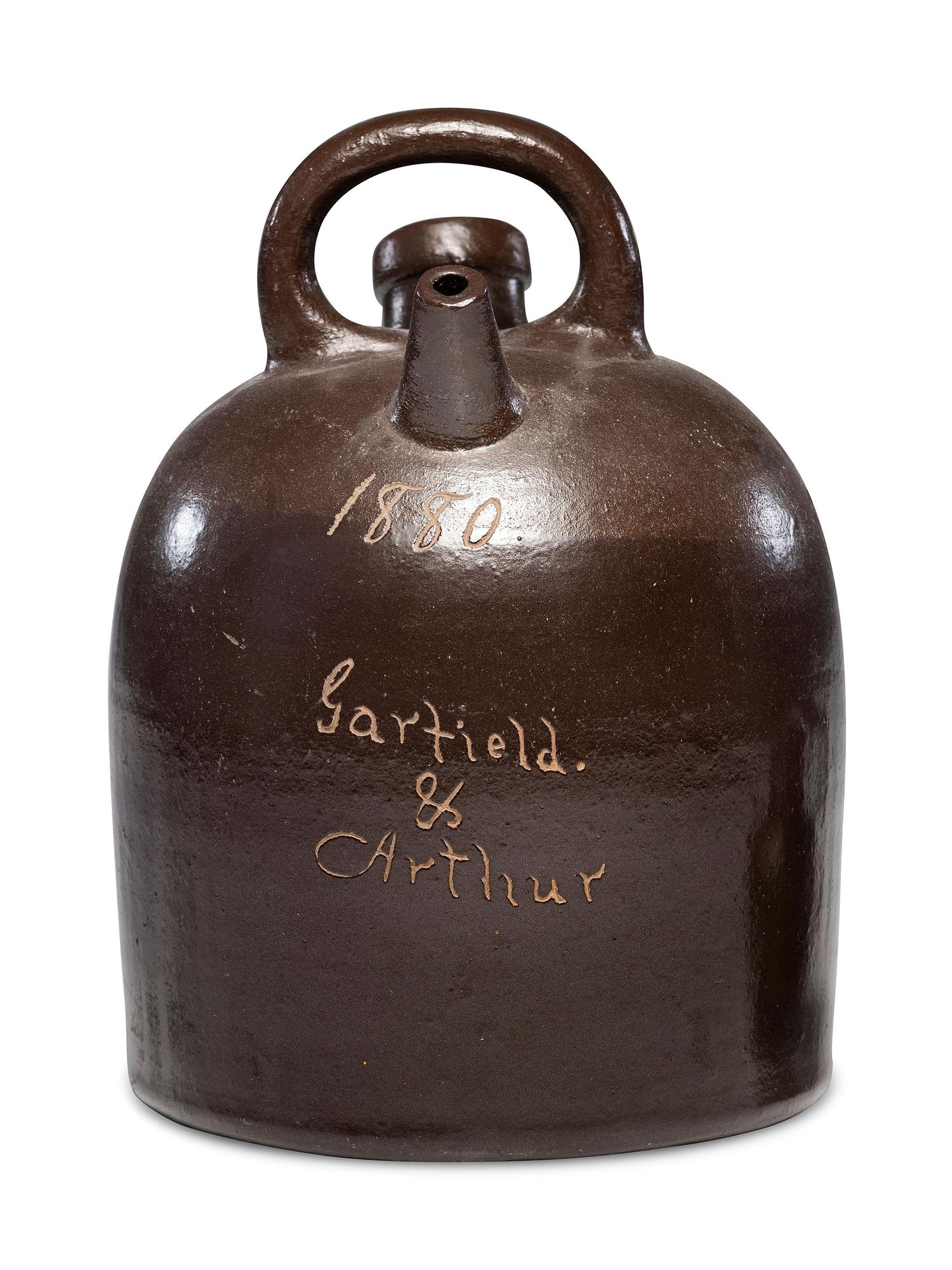 A 'Garfield and Arthur' Presidential Campaign Albany Slip-Glazed Harvest or Field Jug