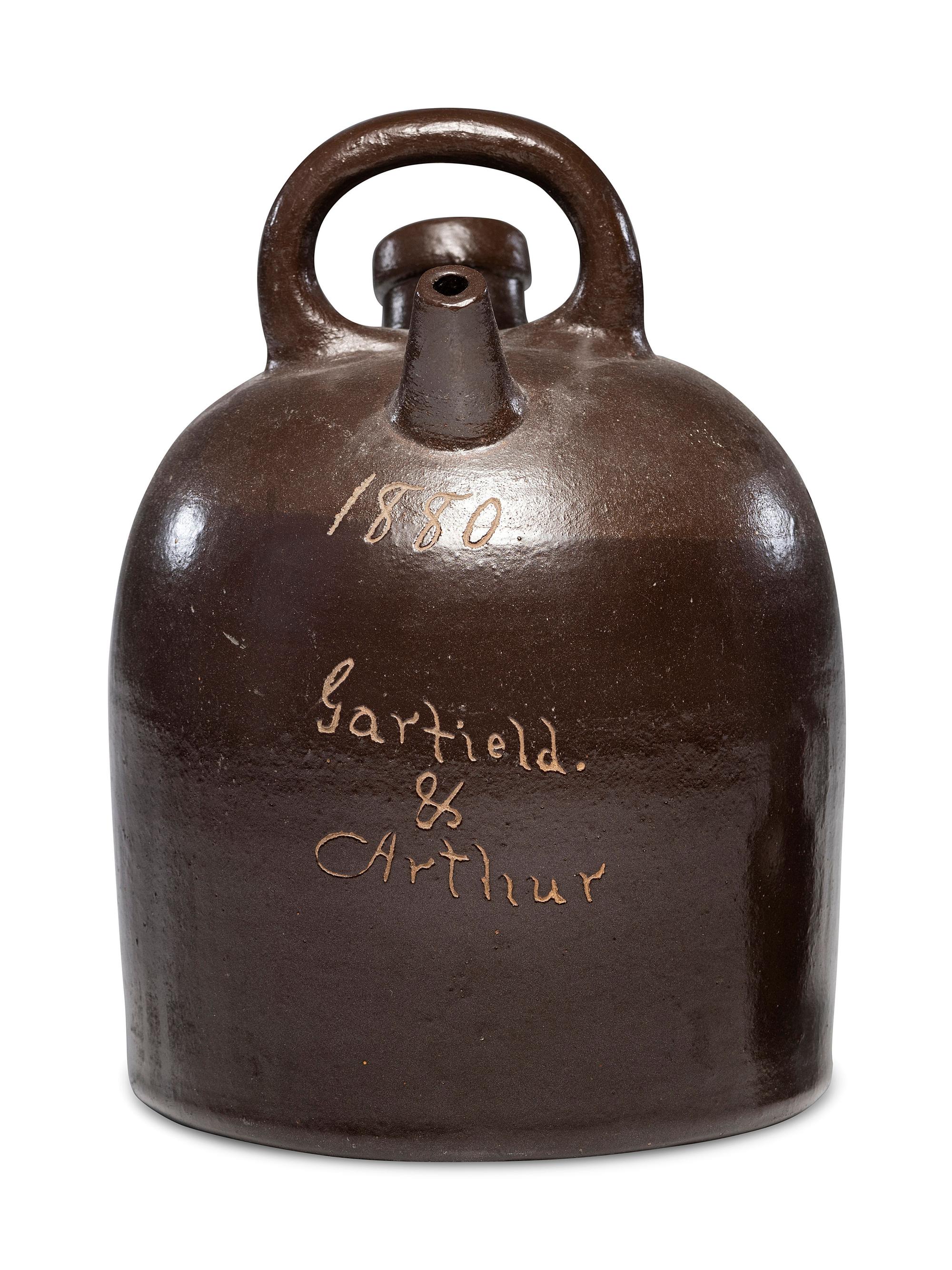 A 'Garfield and Arthur' Presidential Campaign Albany Slip-Glazed Harvest or Field Jug