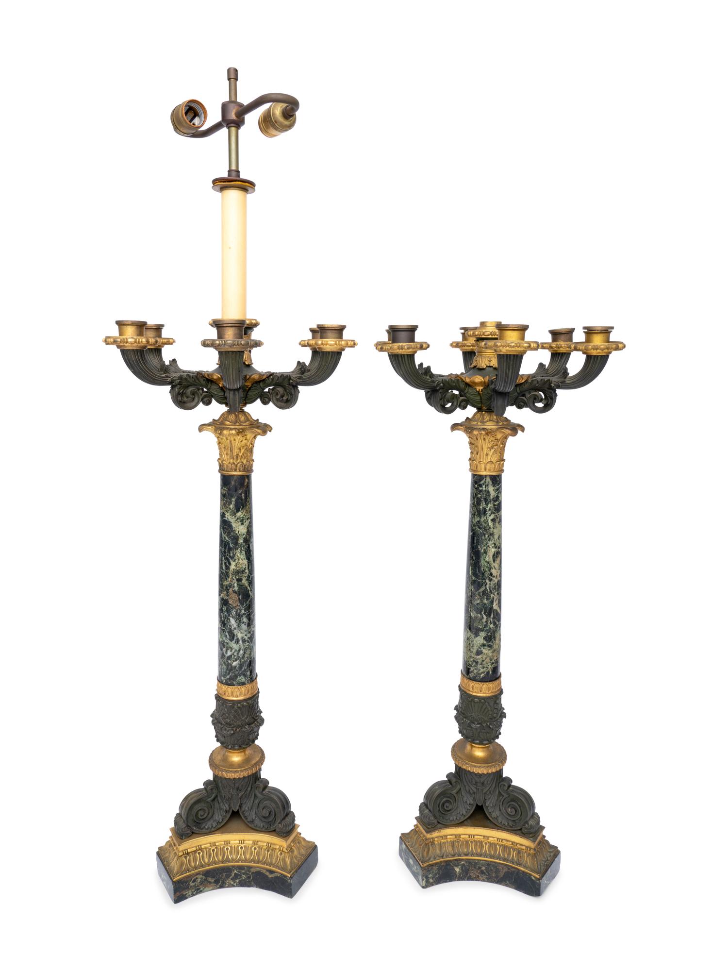 A Pair of French Gilt and Patinated Bronze and Marble Seven-Light Candelabra