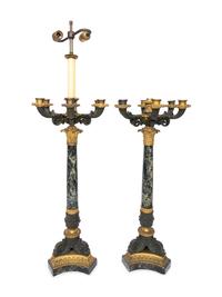 A Pair of French Gilt and Patinated Bronze and Marble Seven-Light Candelabra