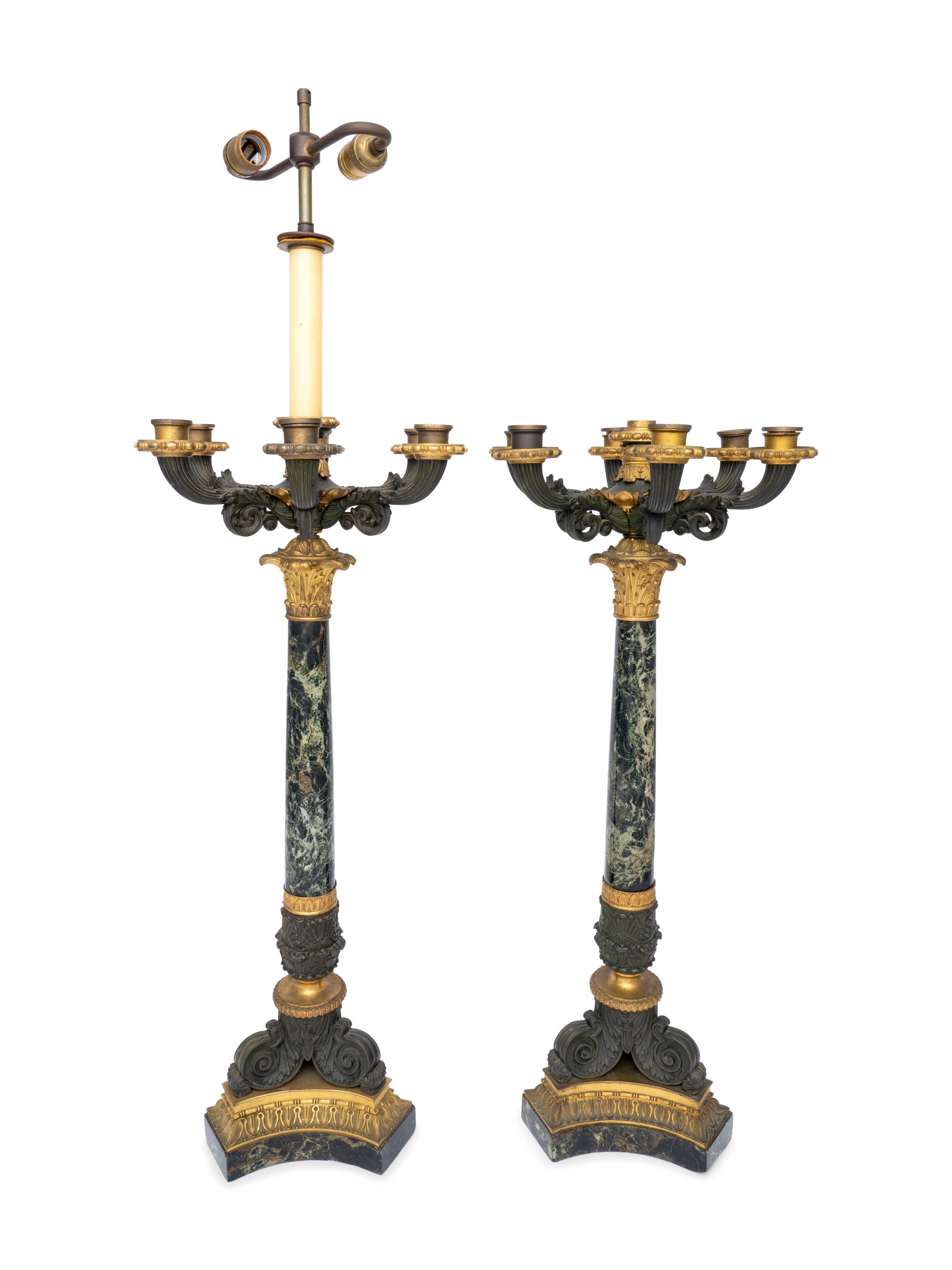 A Pair of French Gilt and Patinated Bronze and Marble Seven-Light Candelabra