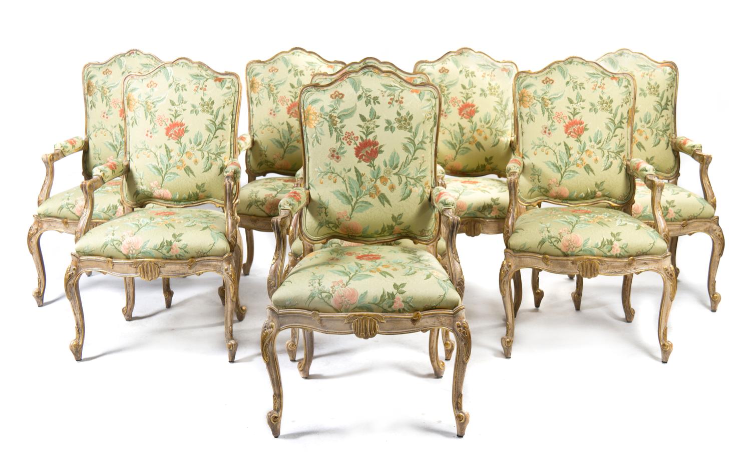 A Set of Eight Louis XV Style Giltwood Fauteuils, Height 44 1/2 inches.