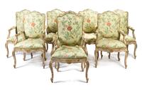 A Set of Eight Louis XV Style Giltwood Fauteuils, Height 44 1/2 inches.