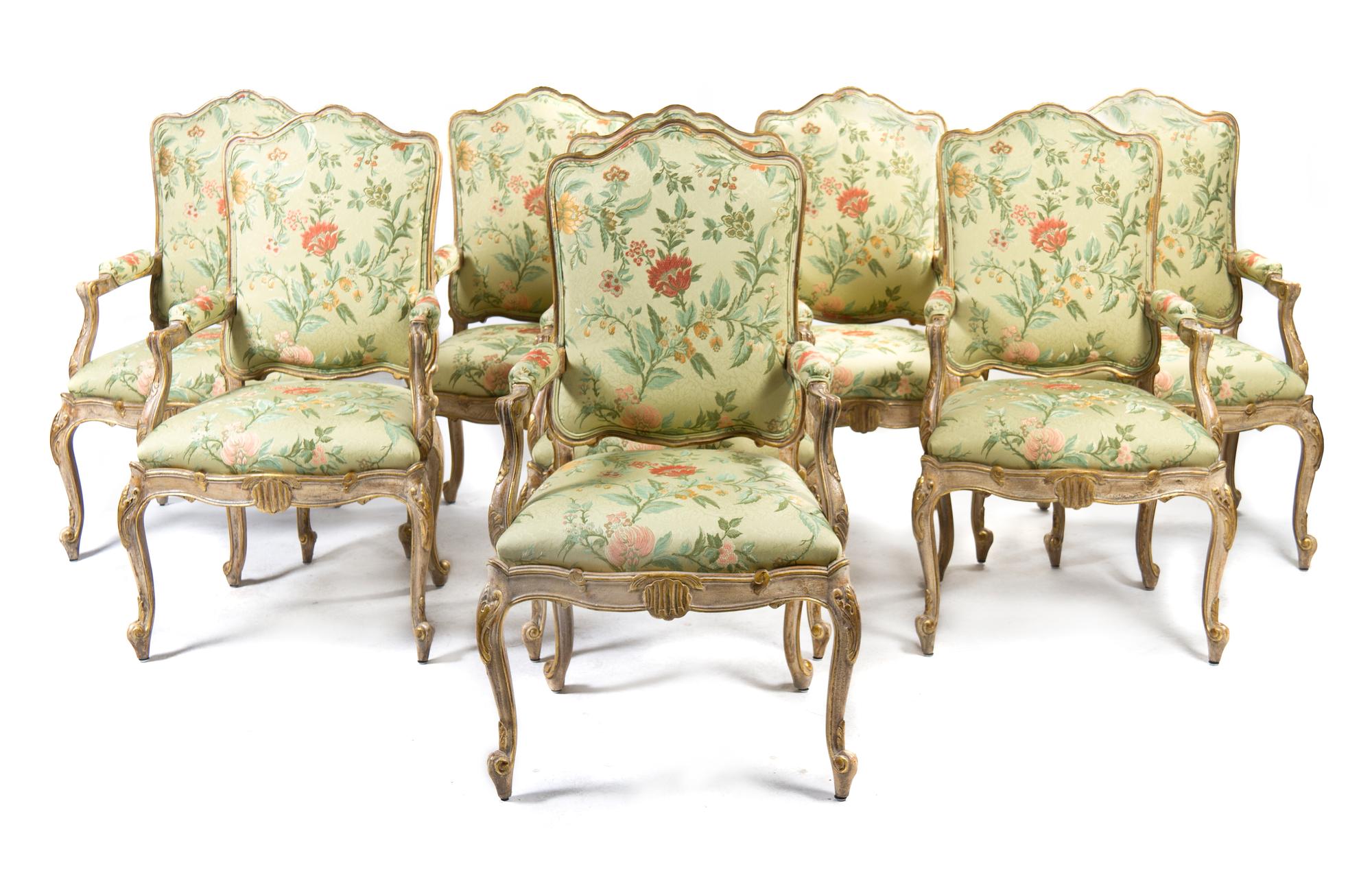 A Set of Eight Louis XV Style Giltwood Fauteuils, Height 44 1/2 inches.