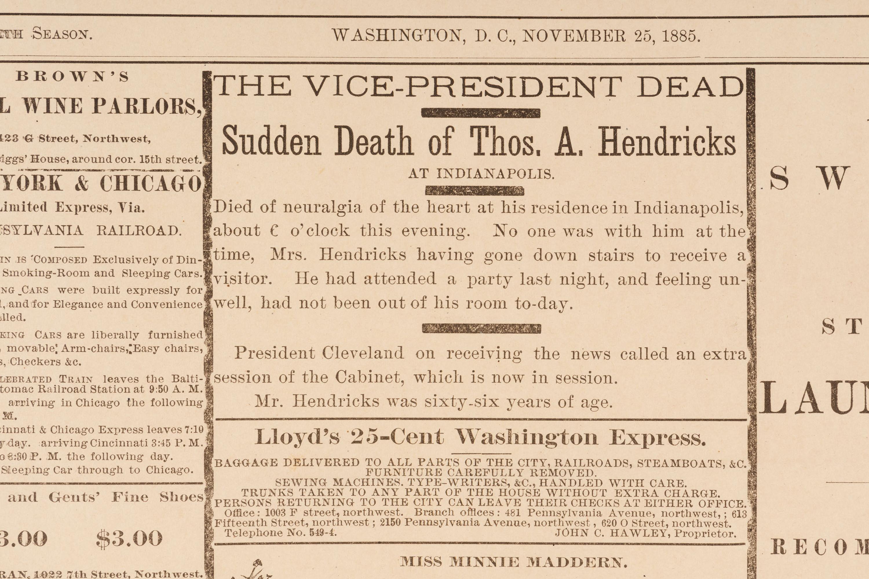 [POLITICS] VP Thomas A. Hendricks' death announced in The Critic EXTRA . Washington, DC: 24 Nov 1885.