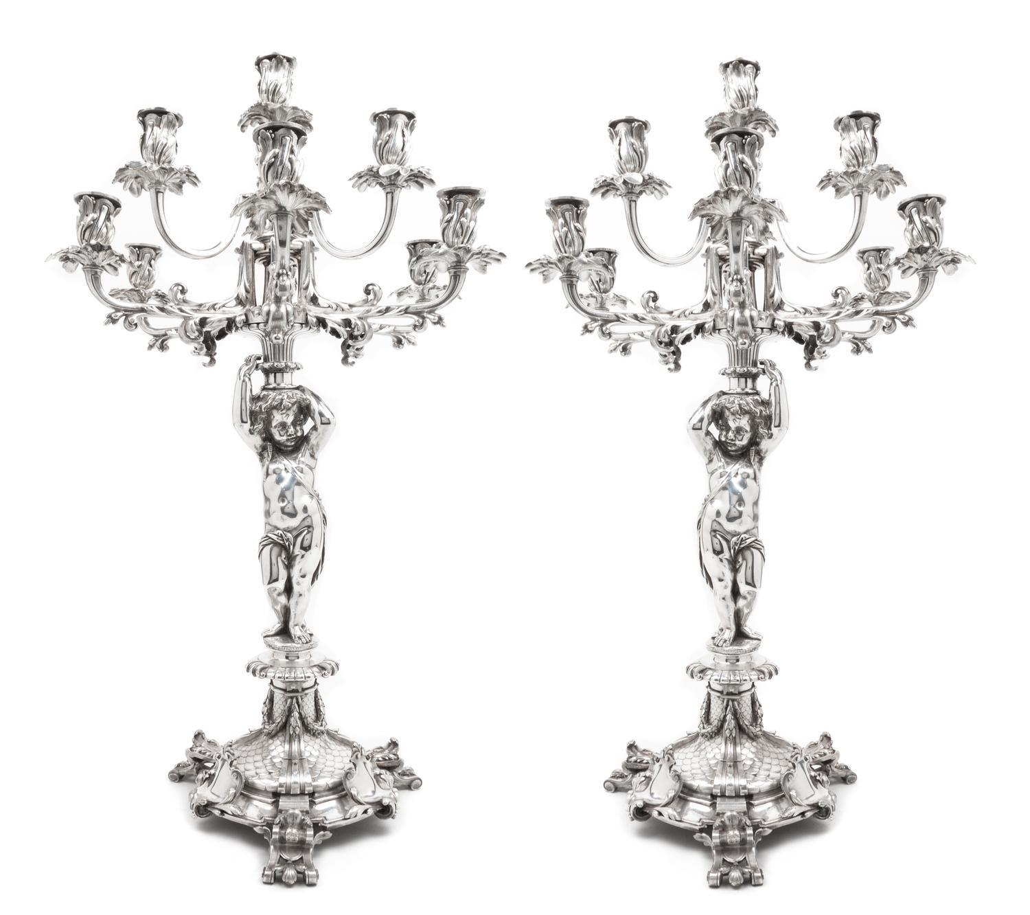 A Pair of Neoclassical Ten-Light Silvered Bronze Figural Candelabra Height 29 1/8 inches. — CHRISTOFLE, PARIS, LATE 19TH CENTURY
