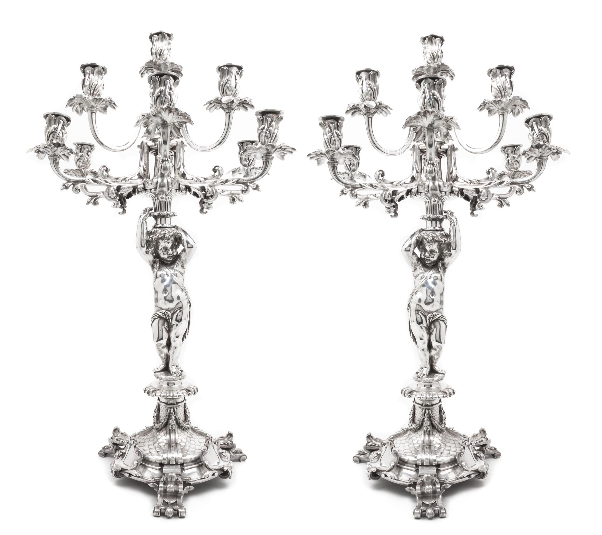 A Pair of Neoclassical Ten-Light Silvered Bronze Figural Candelabra Height 29 1/8 inches. — CHRISTOFLE, PARIS, LATE 19TH CENTURY