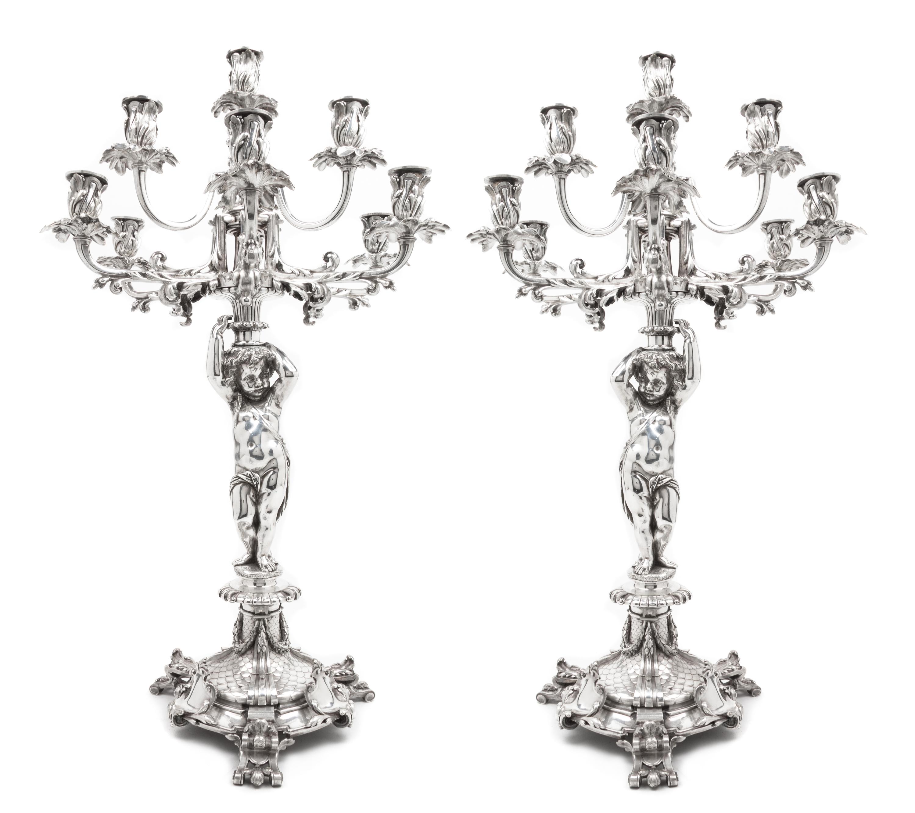 A Pair of Neoclassical Ten-Light Silvered Bronze Figural Candelabra Height 29 1/8 inches. — CHRISTOFLE, PARIS, LATE 19TH CENTURY