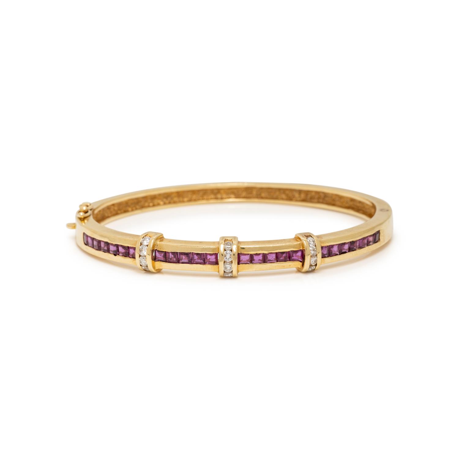 RUBY, DIAMOND, AND YELLOW GOLD BANGLE BRACELET