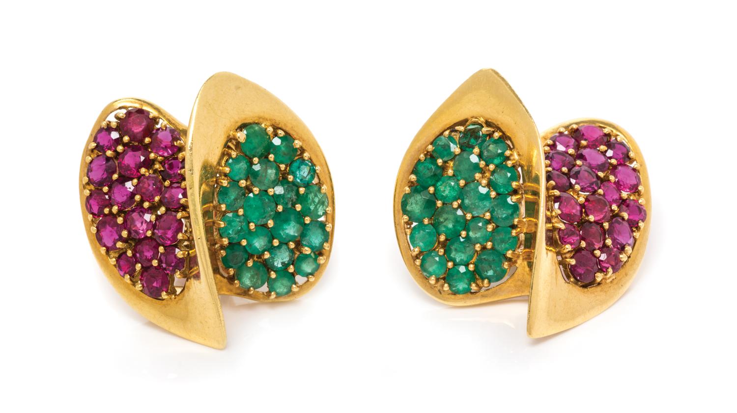 A Pair of 18 Karat Yellow Gold, Ruby and Emerald Earclips, H. Stern, 19.30 dwts.