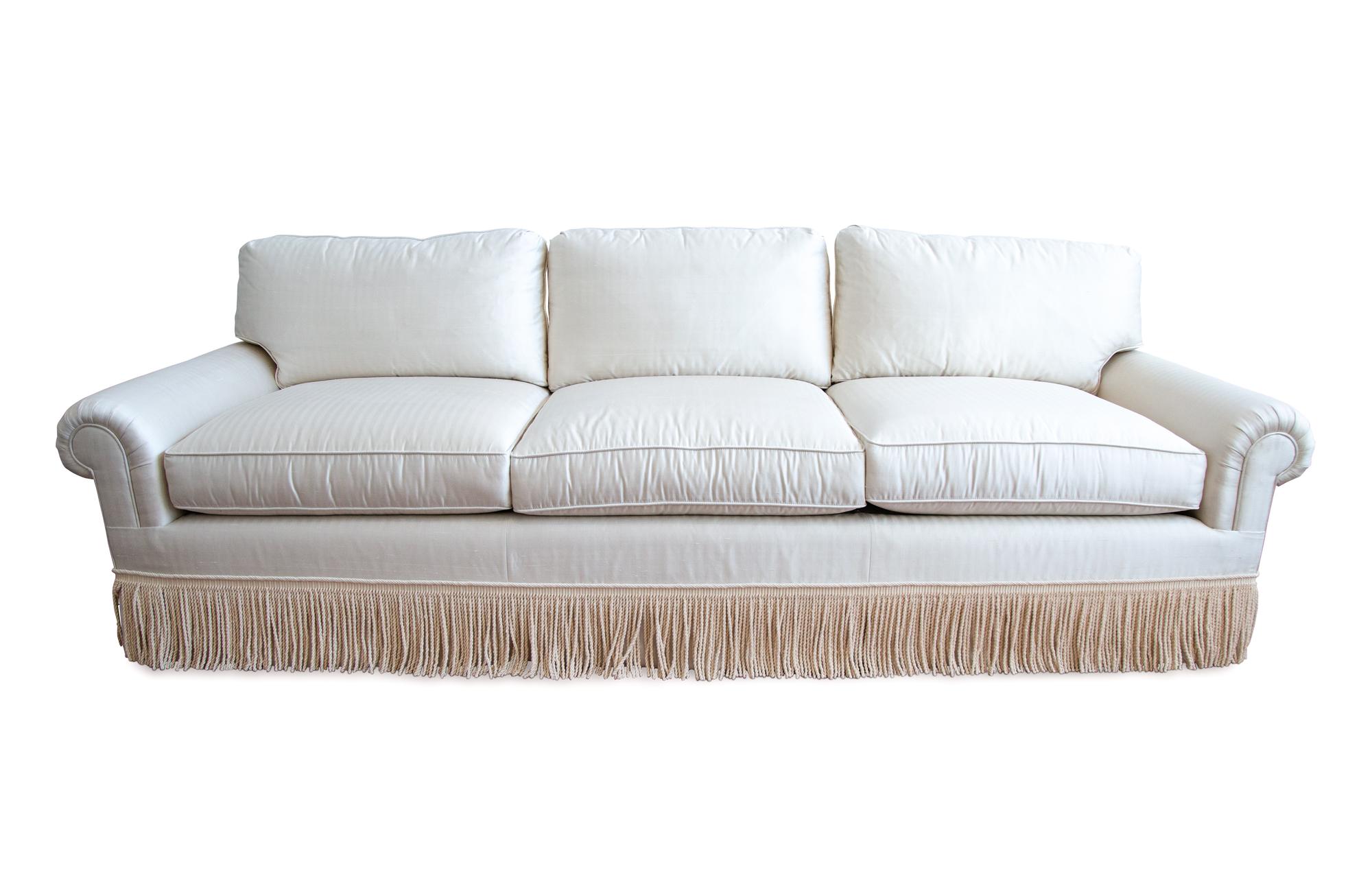 A Three Cushion Linen Silk Upholstered Sofa — 20TH CENTURY