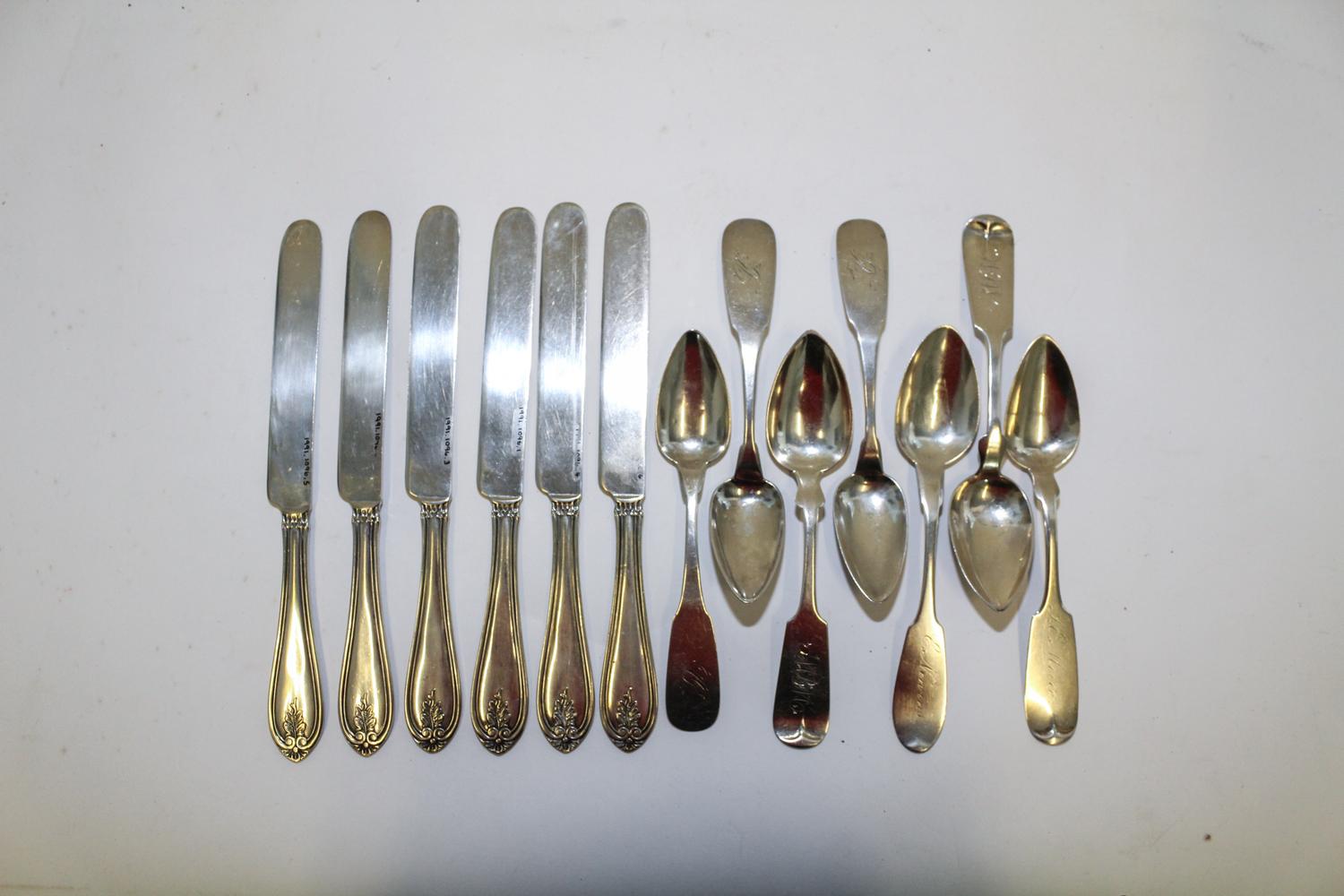 A Group of Six American Coin Silver Flatware Articles, Various Makers, comprising 6 dinner knives and 7 fiddle-form teaspoons.