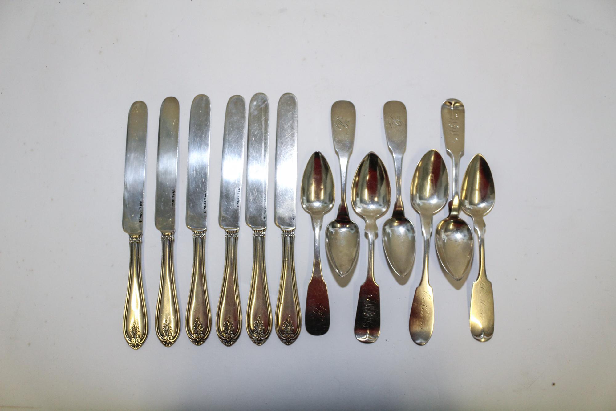 A Group of Six American Coin Silver Flatware Articles, Various Makers, comprising 6 dinner knives and 7 fiddle-form teaspoons.