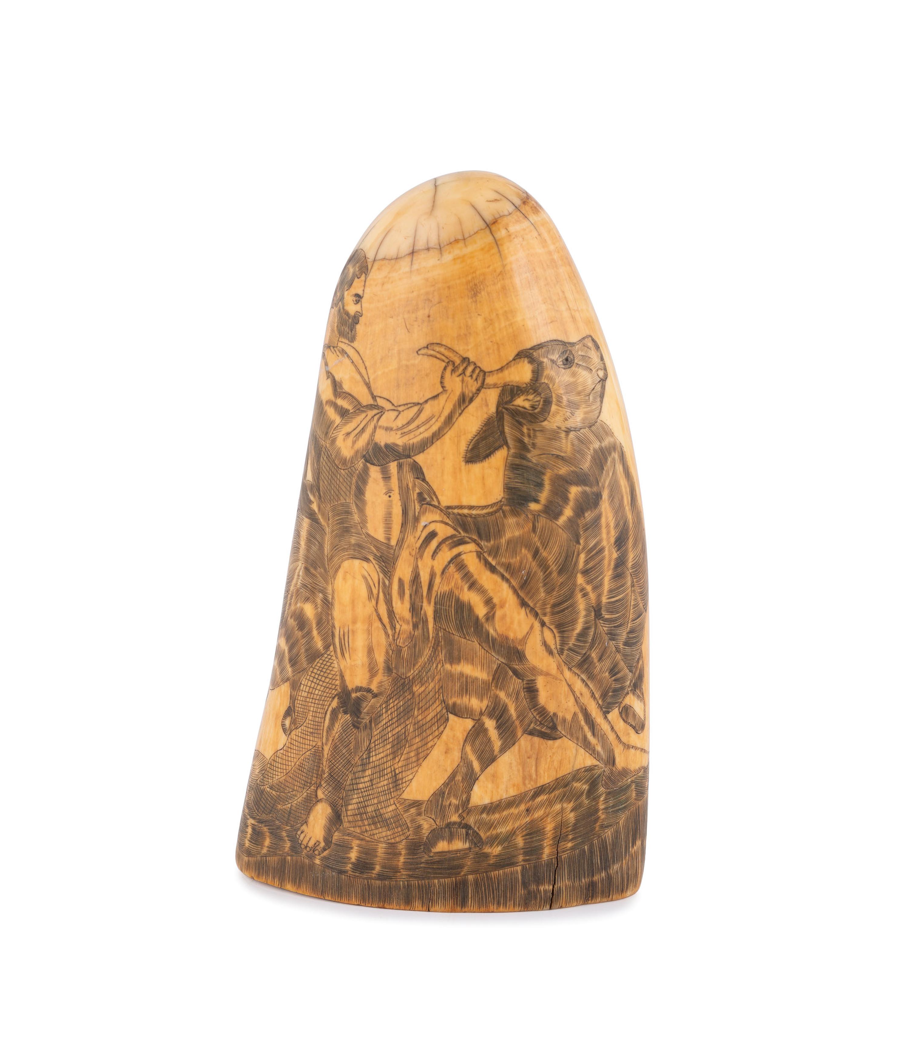 A Scrimshaw Tooth Depicting Hercules and the Cretan Bull