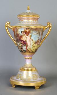A Continental Porcelain Lidded Urn, Royal Vienna, Height 20 inches.