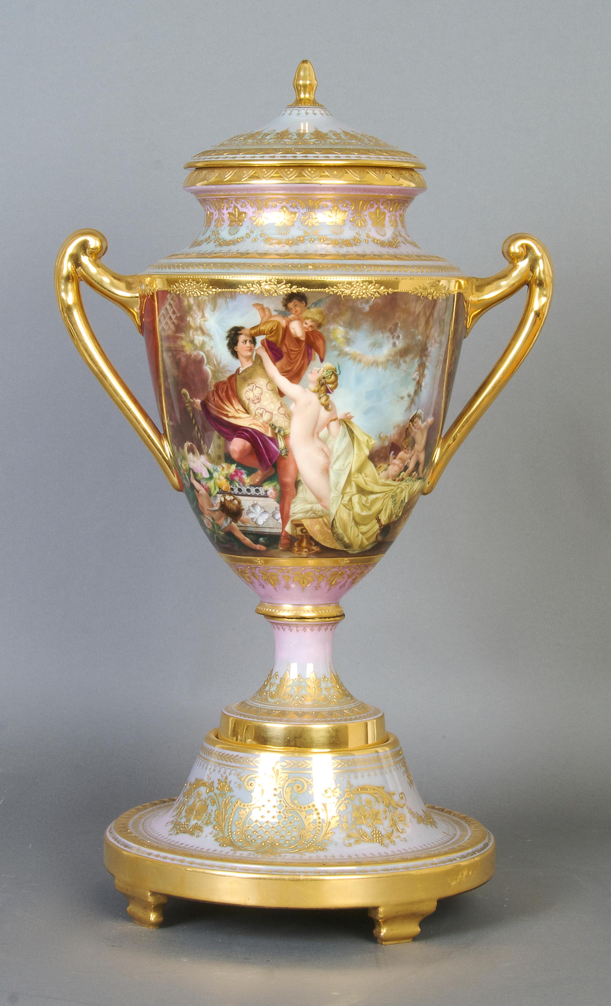 A Continental Porcelain Lidded Urn, Royal Vienna, Height 20 inches.