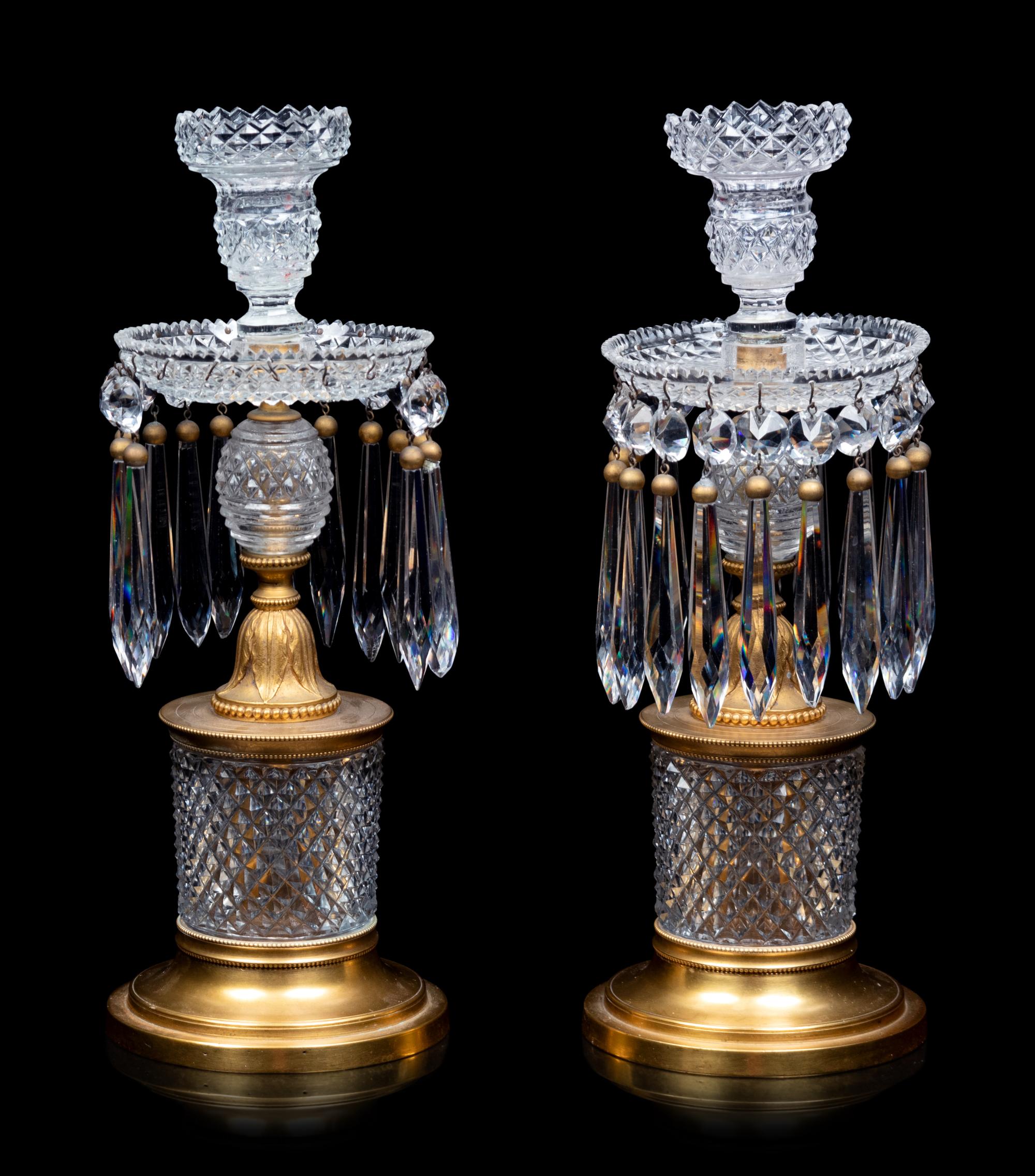 A Pair of French Gilt Bronze and Cut Glass Candlesticks
