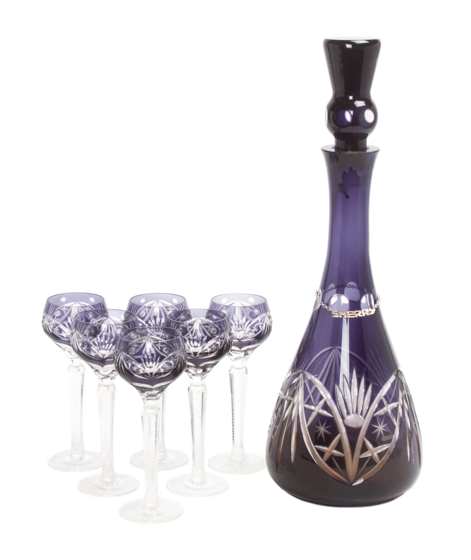 A Bohemian Violet Cut to Clear Decanter Set Height of first 15 1/2 inches.