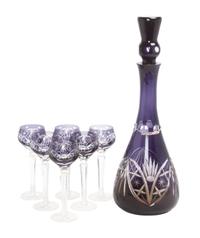 A Bohemian Violet Cut to Clear Decanter Set Height of first 15 1/2 inches.