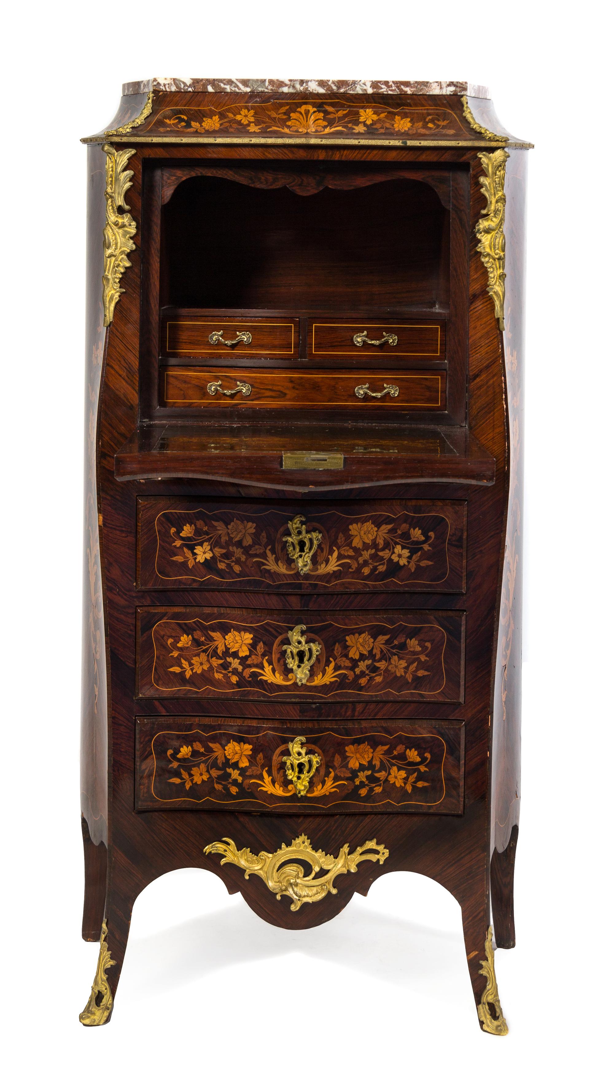 A Louis XV Style Gilt Bronze Mounted Rosewood and Marquetry Secretaire a Abattant Height 51 x width 27 1/2 x depth 13 inches. — 19TH CENTURY