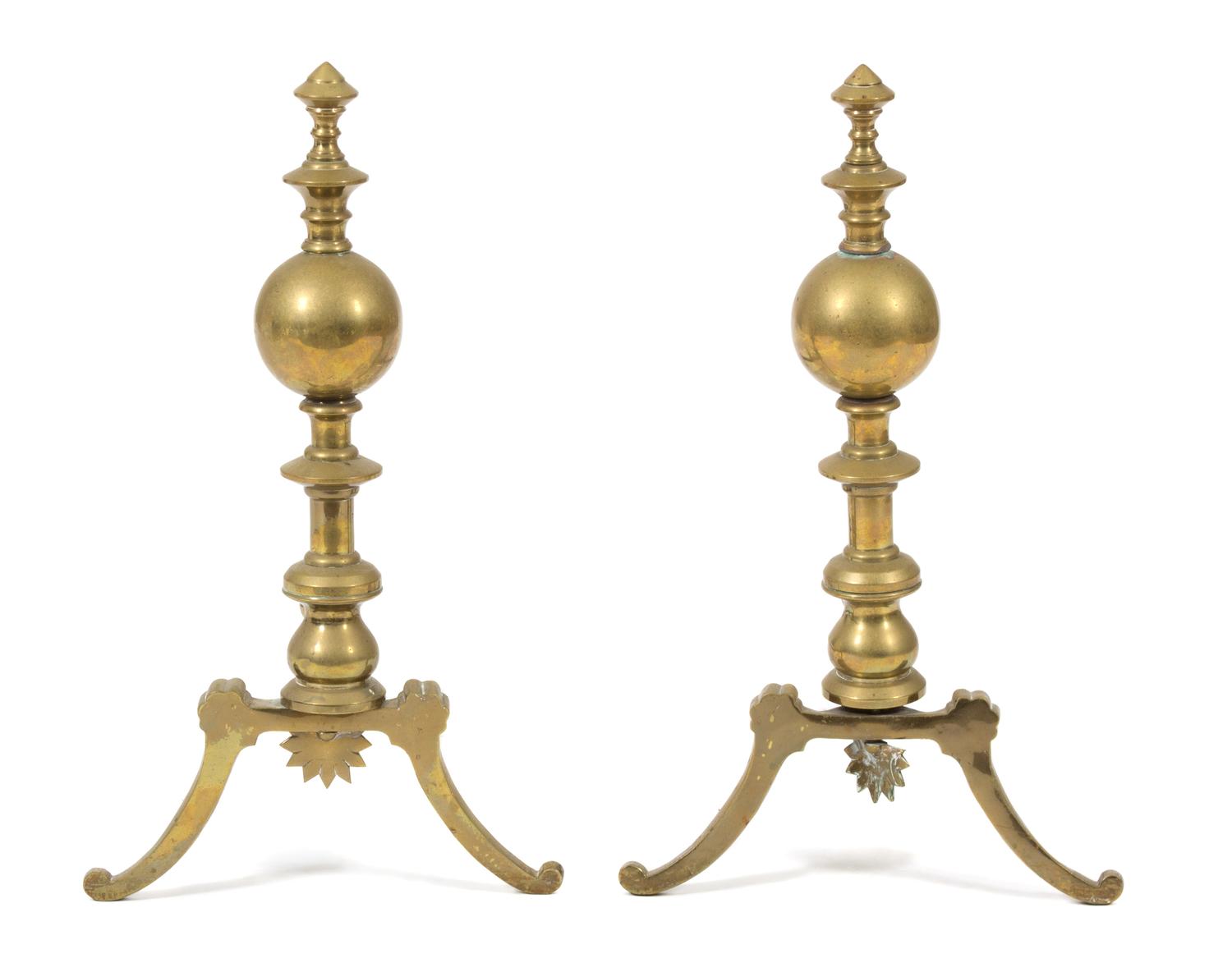A Pair of Georgian Style Brass Andirons Height 23 inches. — 19TH CENTURY