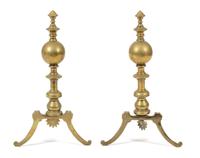 A Pair of Georgian Style Brass Andirons Height 23 inches. — 19TH CENTURY