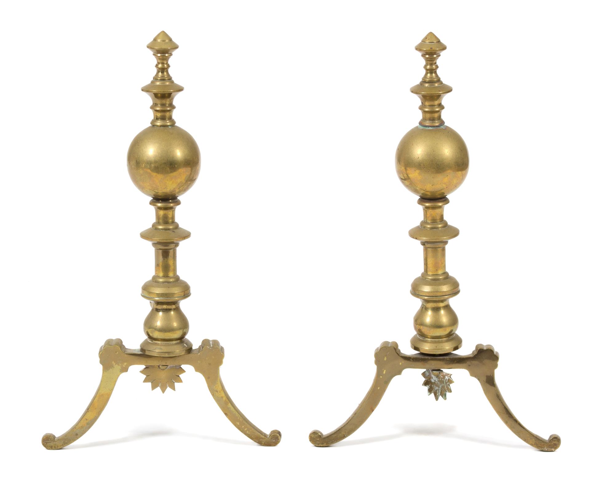 A Pair of Georgian Style Brass Andirons Height 23 inches. — 19TH CENTURY