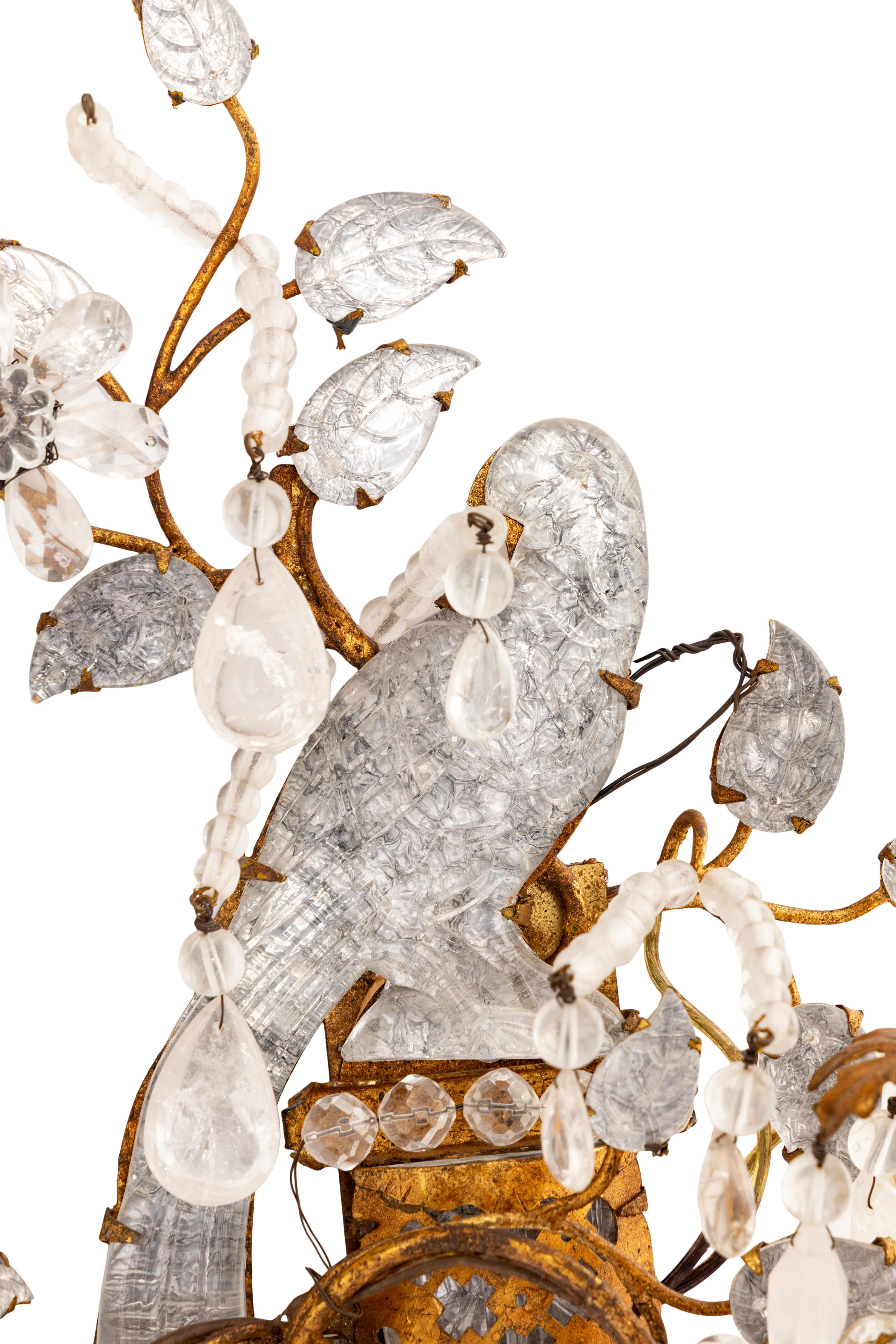 A Pair of Gilt Metal and Rock Crystal Two-Light Sconces