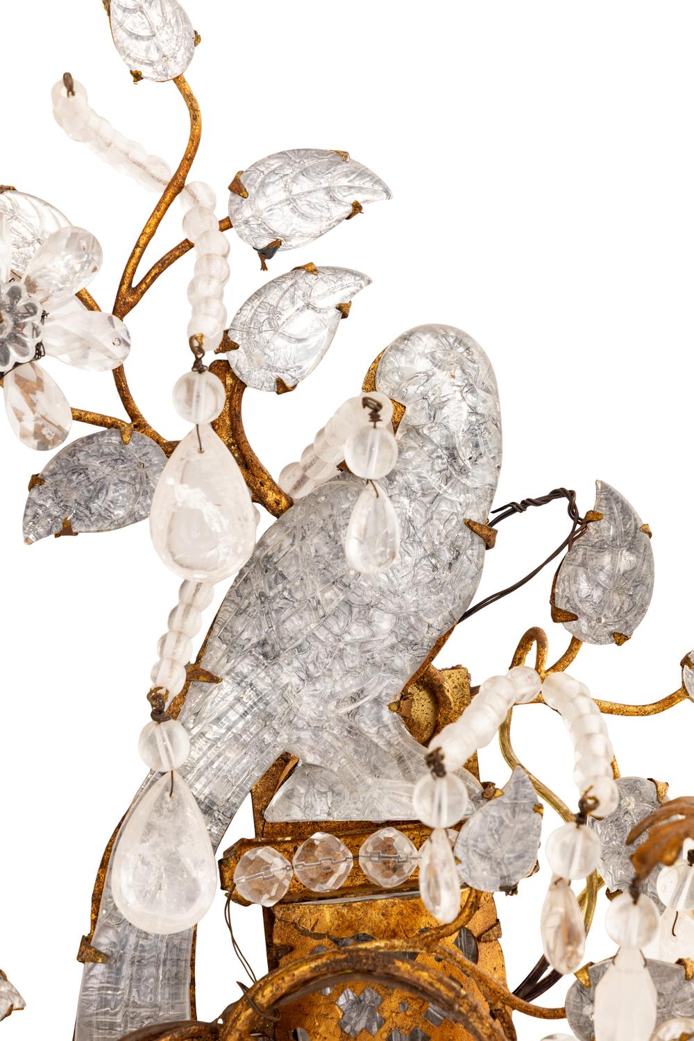 A Pair of Gilt Metal and Rock Crystal Two-Light Sconces