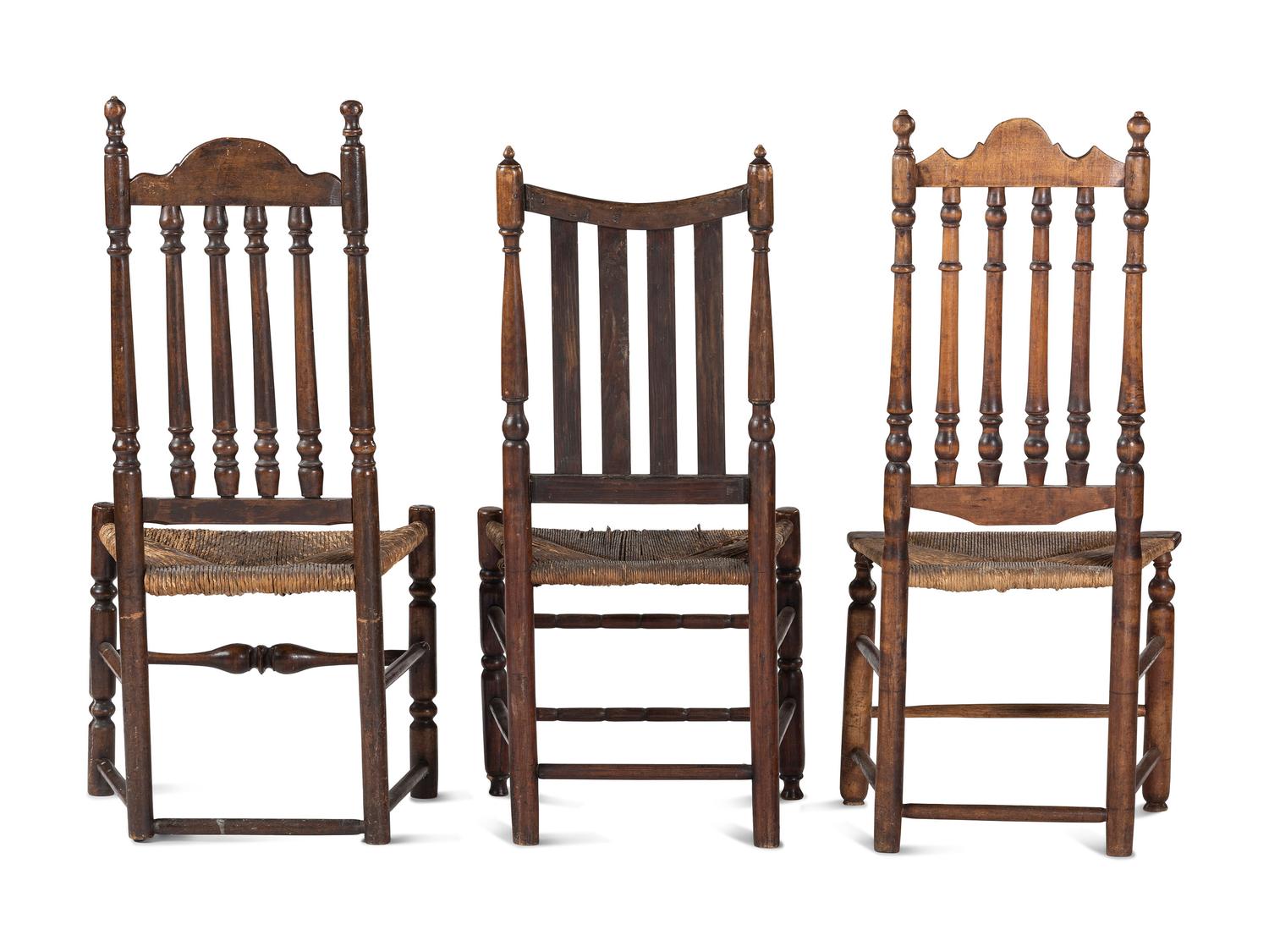 Three William and Mary Bannister-Back Rush-Seat Side Chairs