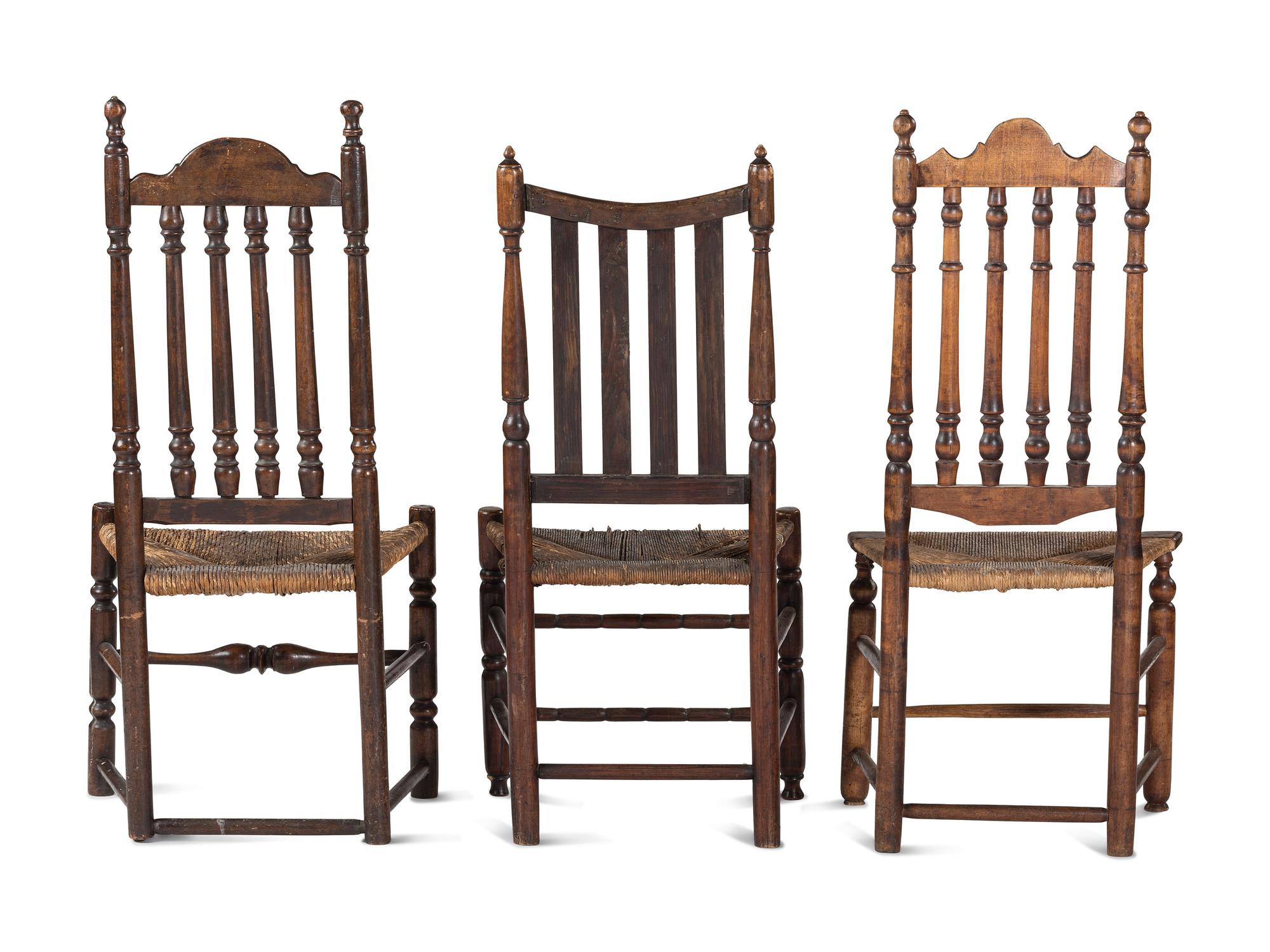 Three William and Mary Bannister-Back Rush-Seat Side Chairs