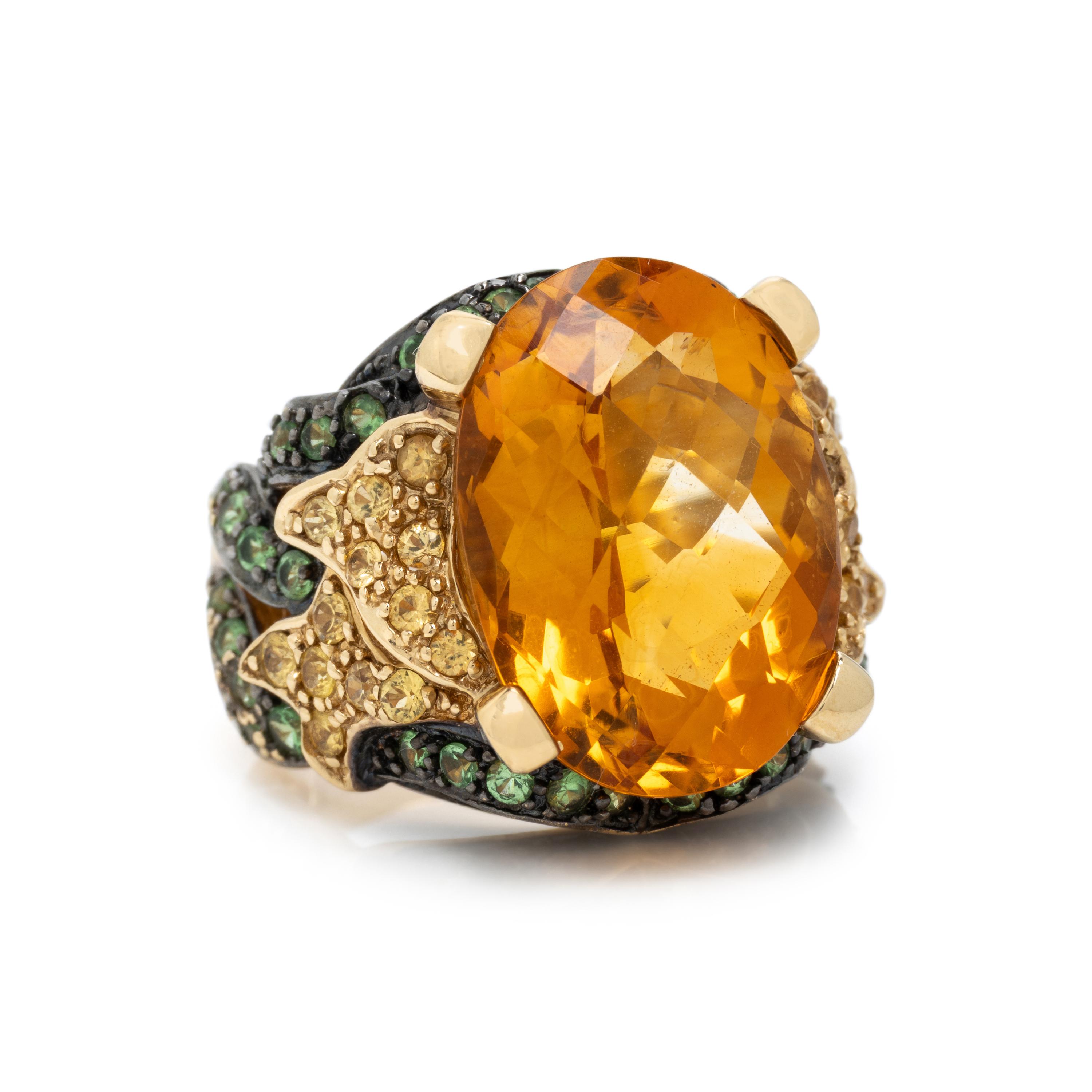 Multigem, Yellow Gold, and Blackened Gold Ring and Pendant Necklace