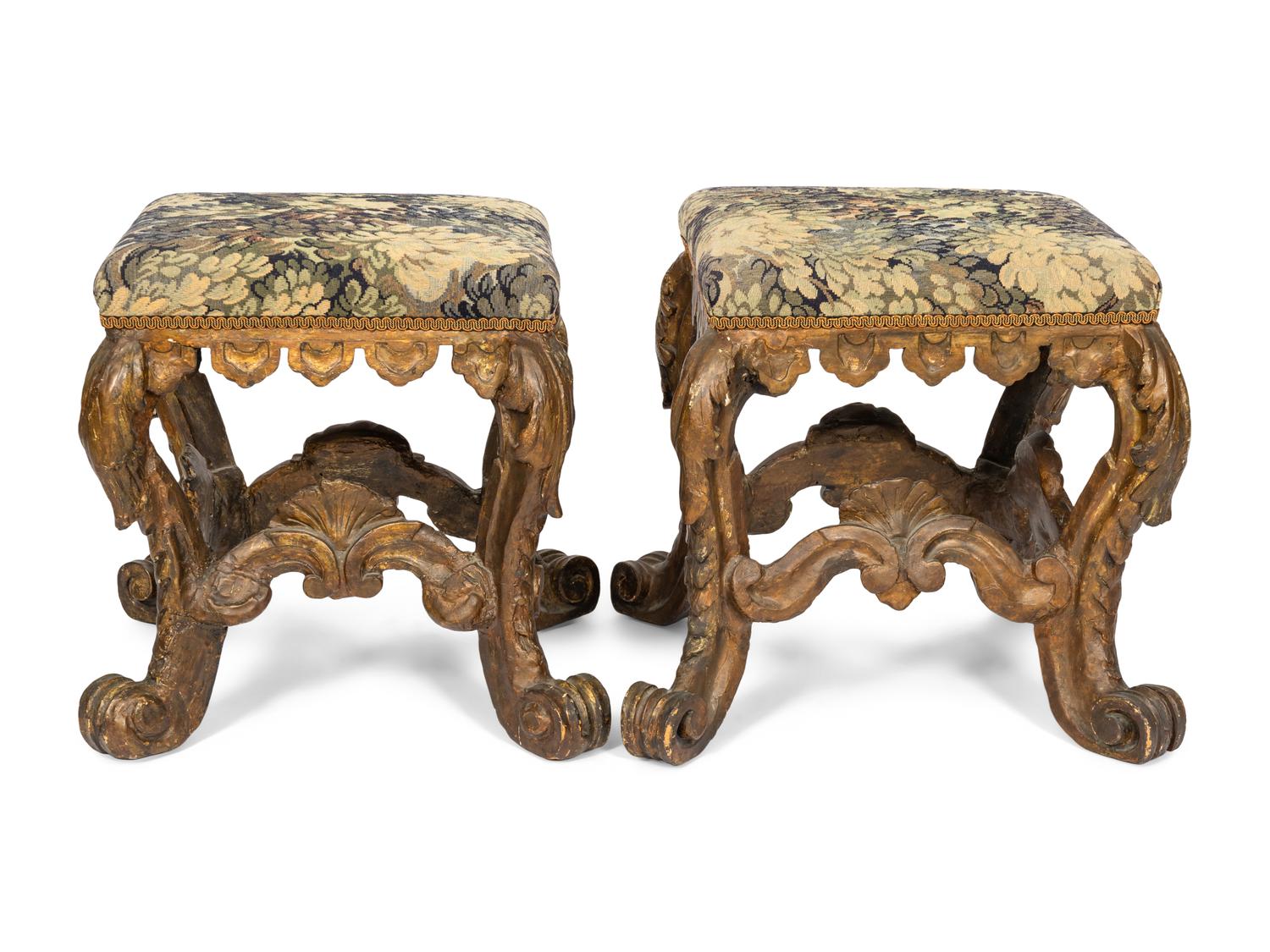 A Pair of Continental Baroque Carved Tabourets
