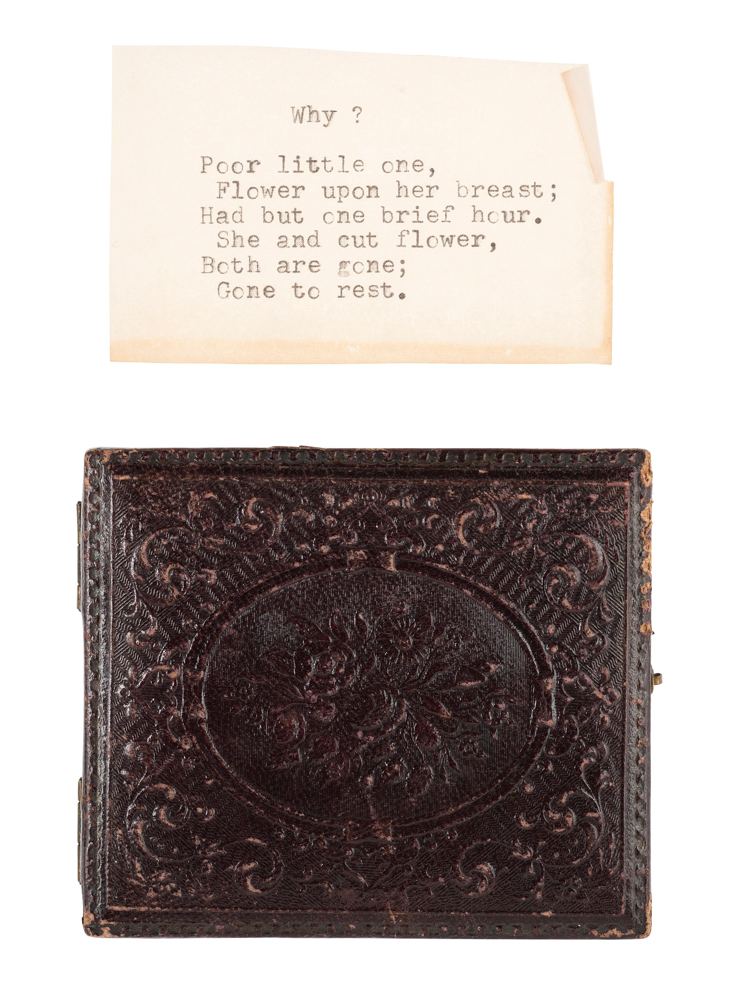[EARLY PHOTOGRAPHY]. Sixth plate postmortem daguerreotype of a young child housed in a Mascher Magnifying Case.