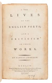JOHNSON, Samuel (1709-1784). The Lives of the English Poets; and a Criticism on their Works . Dublin: for Whitestone, Williams, Colles, Wilson, et al, 1779, 1781.