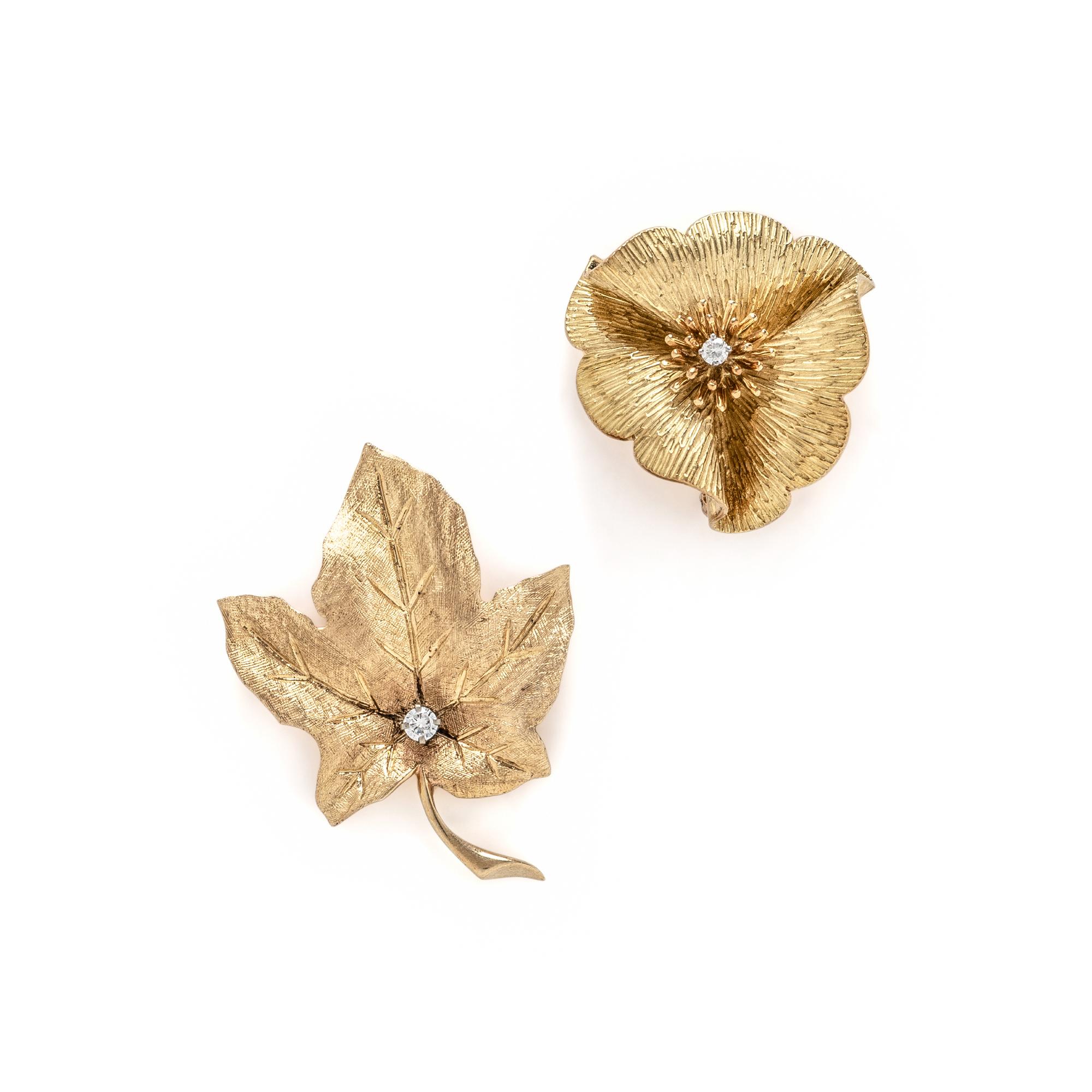TWO YELLOW GOLD AND DIAMOND BROOCHES