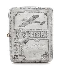 A Russian Niello Silver Cigarette Case, Maker's Mark Obscured, Moscow, Early 20th Century, the case decorated with airplanes and symbol