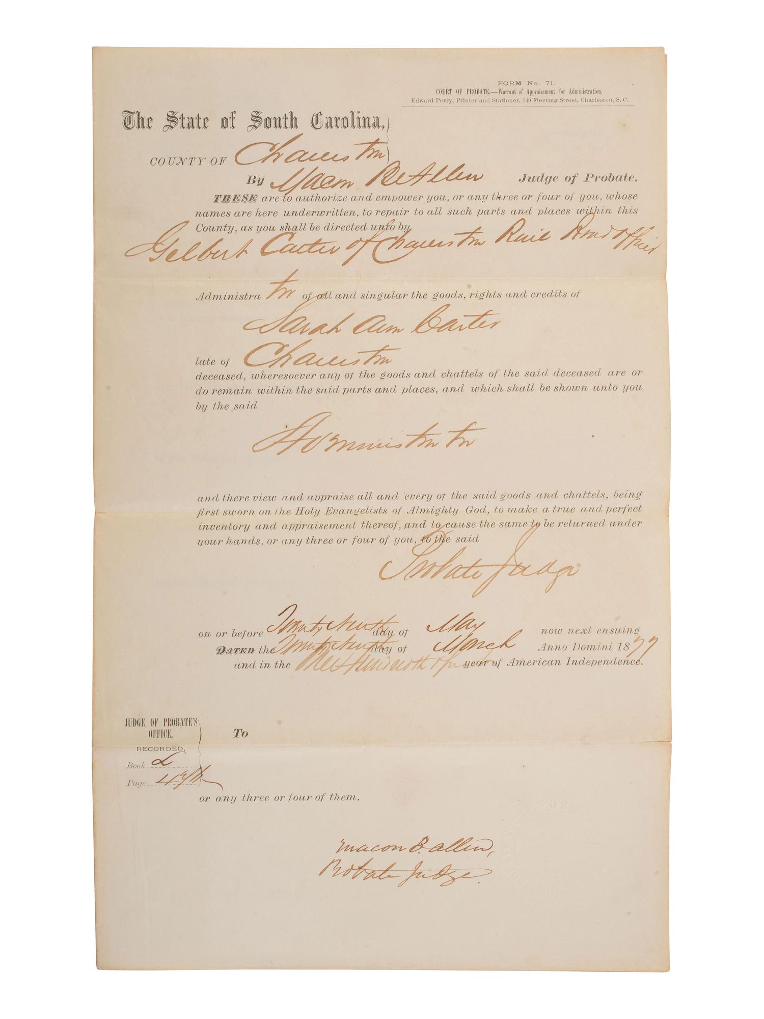 ALLEN, Macon B. (1816-1894). Two documents related to Macon Allen, the first African American licensed to practice law in the US. Charleston, SC, 1877.