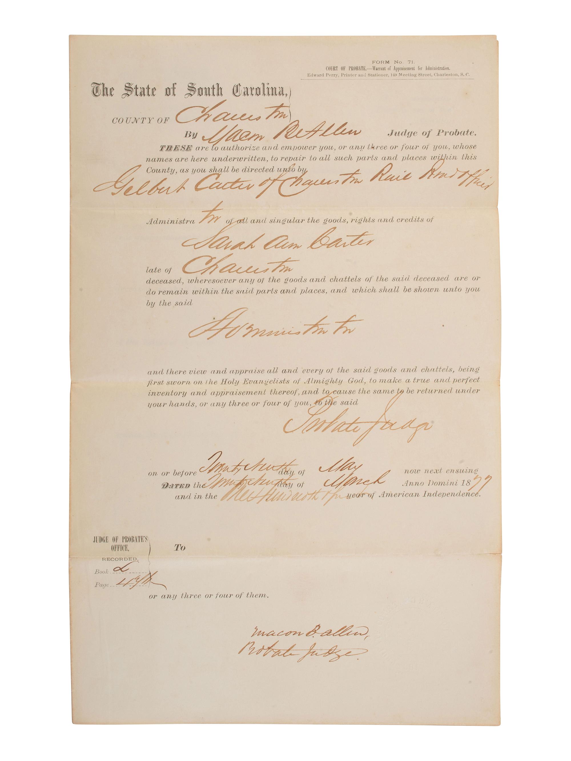 ALLEN, Macon B. (1816-1894). Two documents related to Macon Allen, the first African American licensed to practice law in the US. Charleston, SC, 1877.