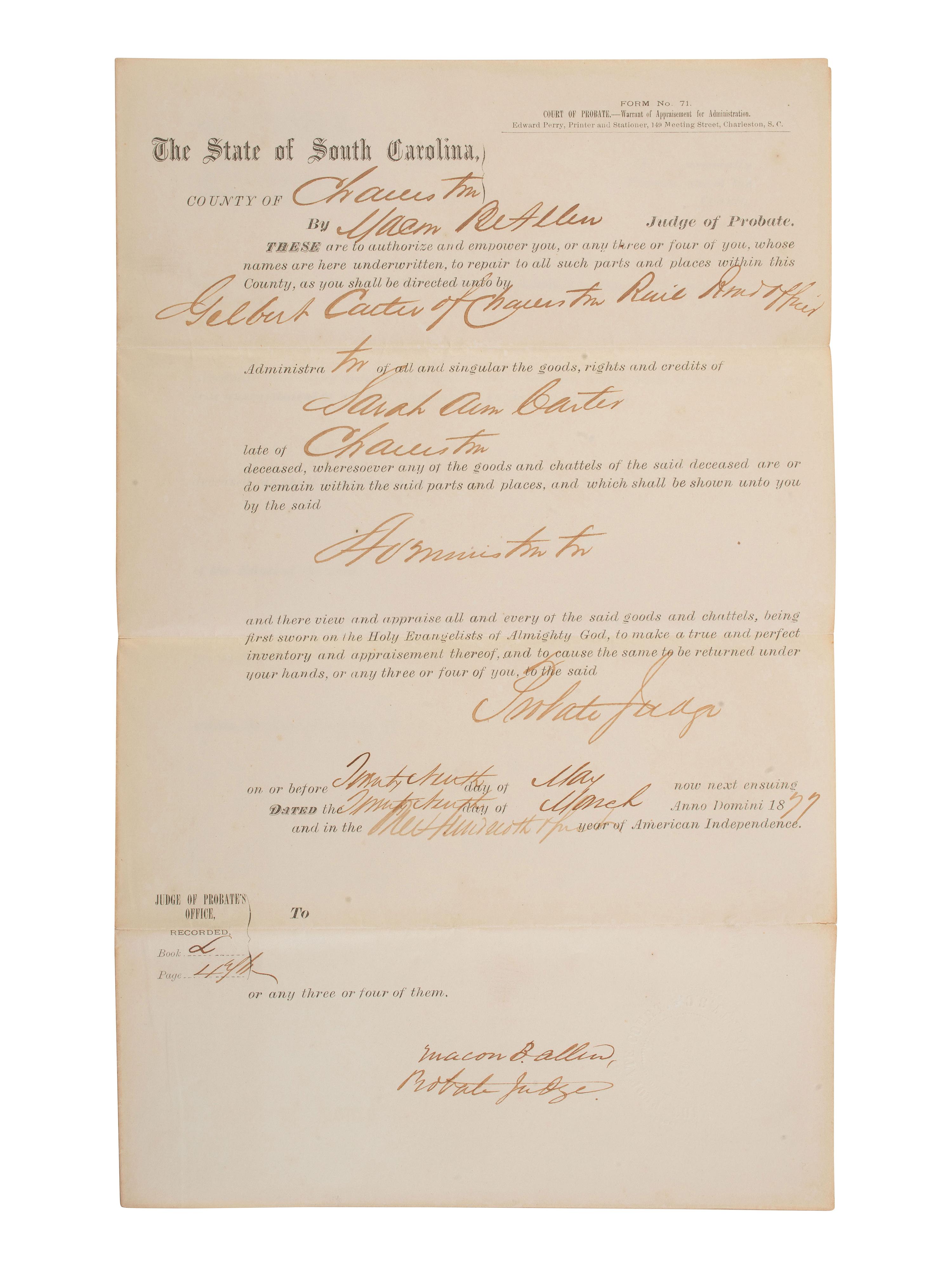 ALLEN, Macon B. (1816-1894). Two documents related to Macon Allen, the first African American licensed to practice law in the US. Charleston, SC, 1877.