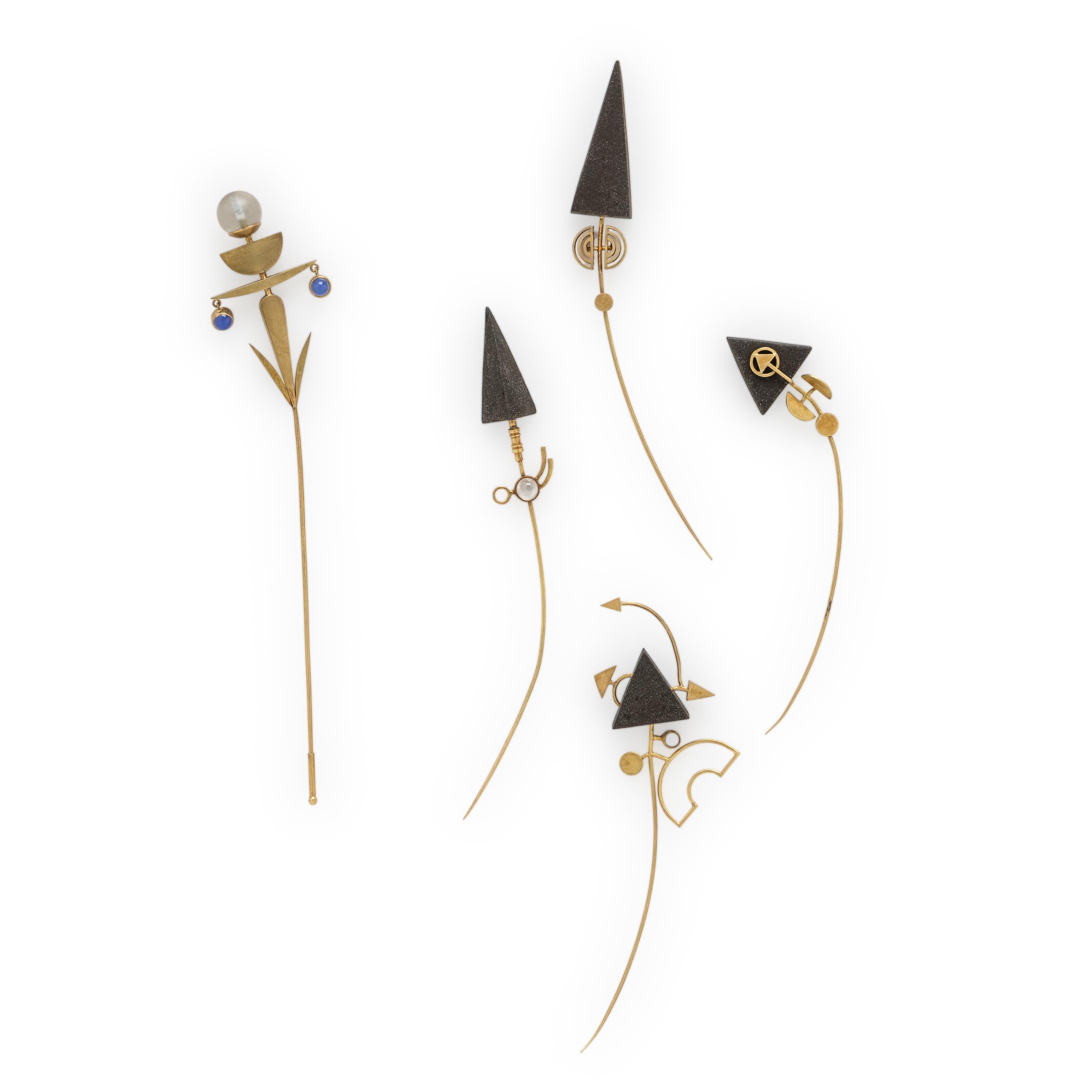 Wendy Ramshaw, Collection of Five Yellow Gold and Multigem Stick Pins
